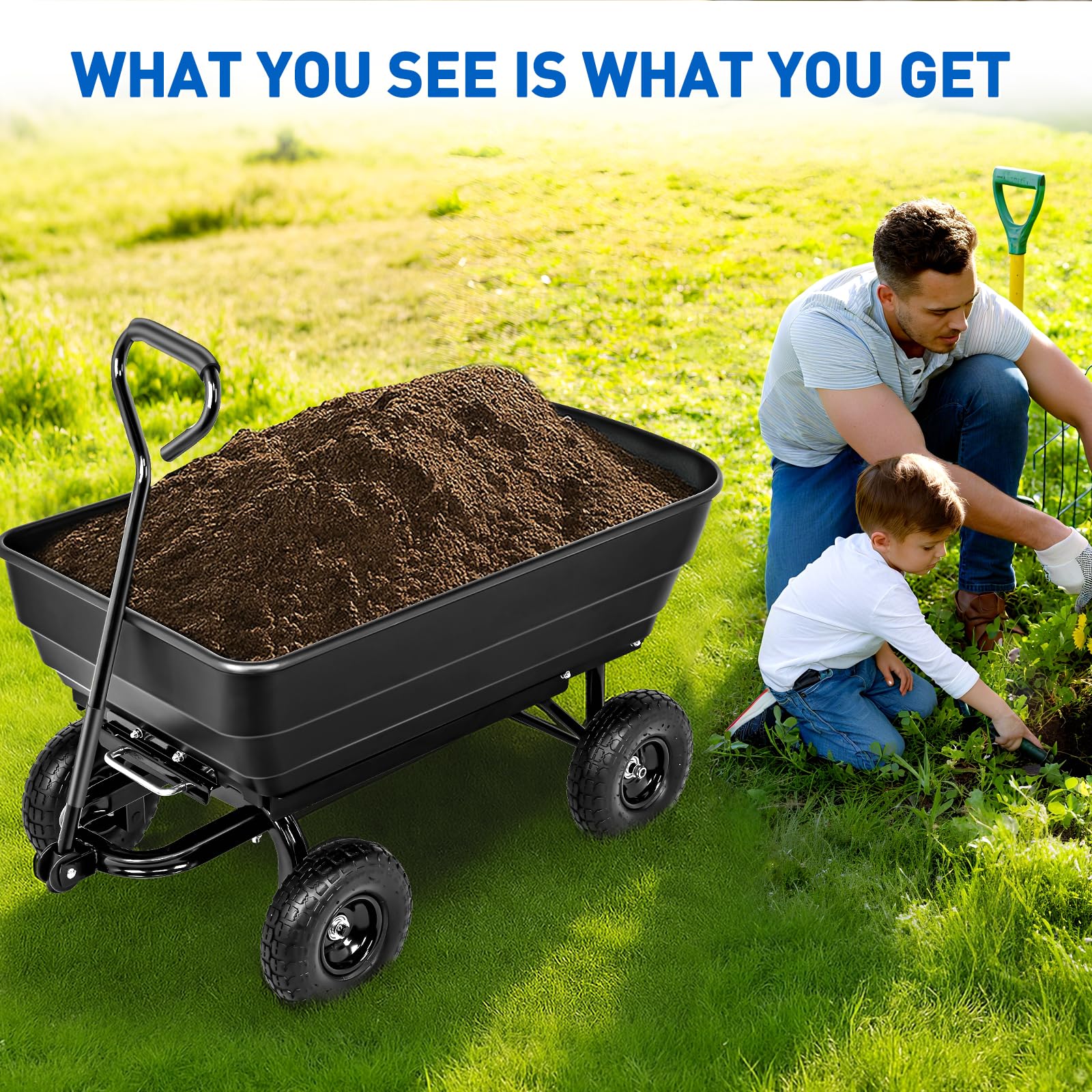Garden Carts 900lbs Dump Wagon with All Terrain Inflatable Wheels for Yard Lawn Farms Gardening