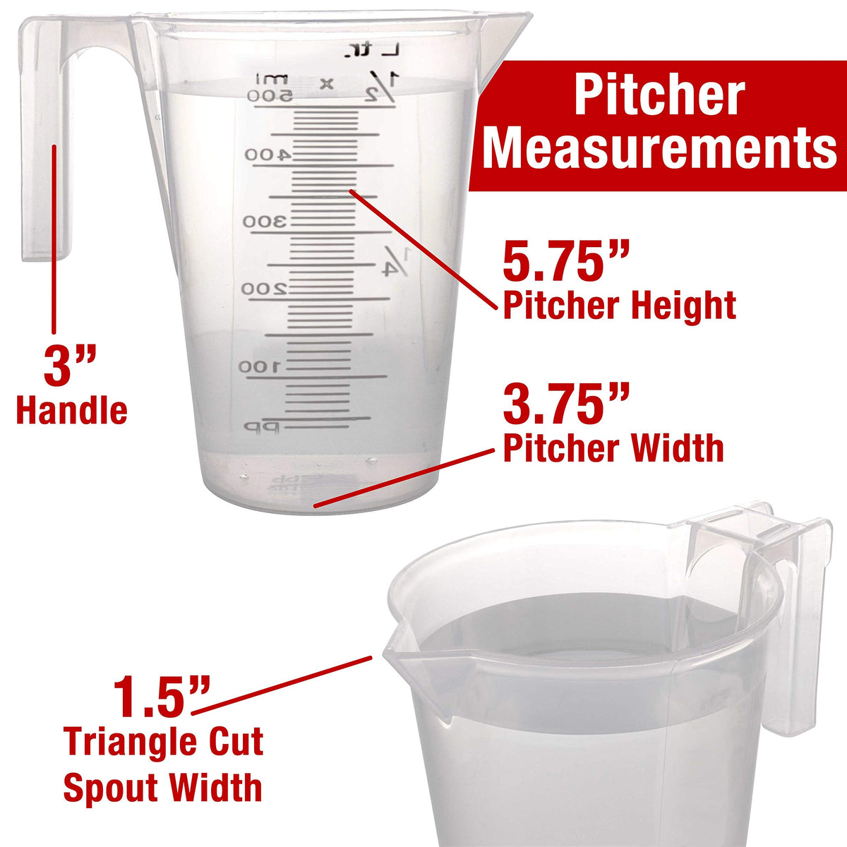 1/2 Liter (500ml) Plastic Graduated Measuring and Mixing Pitcher (Pack of 6) - Holds Over 1 Pint (16oz) - Pouring Cups, Measure & Mix Paint, Resin, Epoxy, Kitchen Cooking Baking Ingredients (6 Count)
