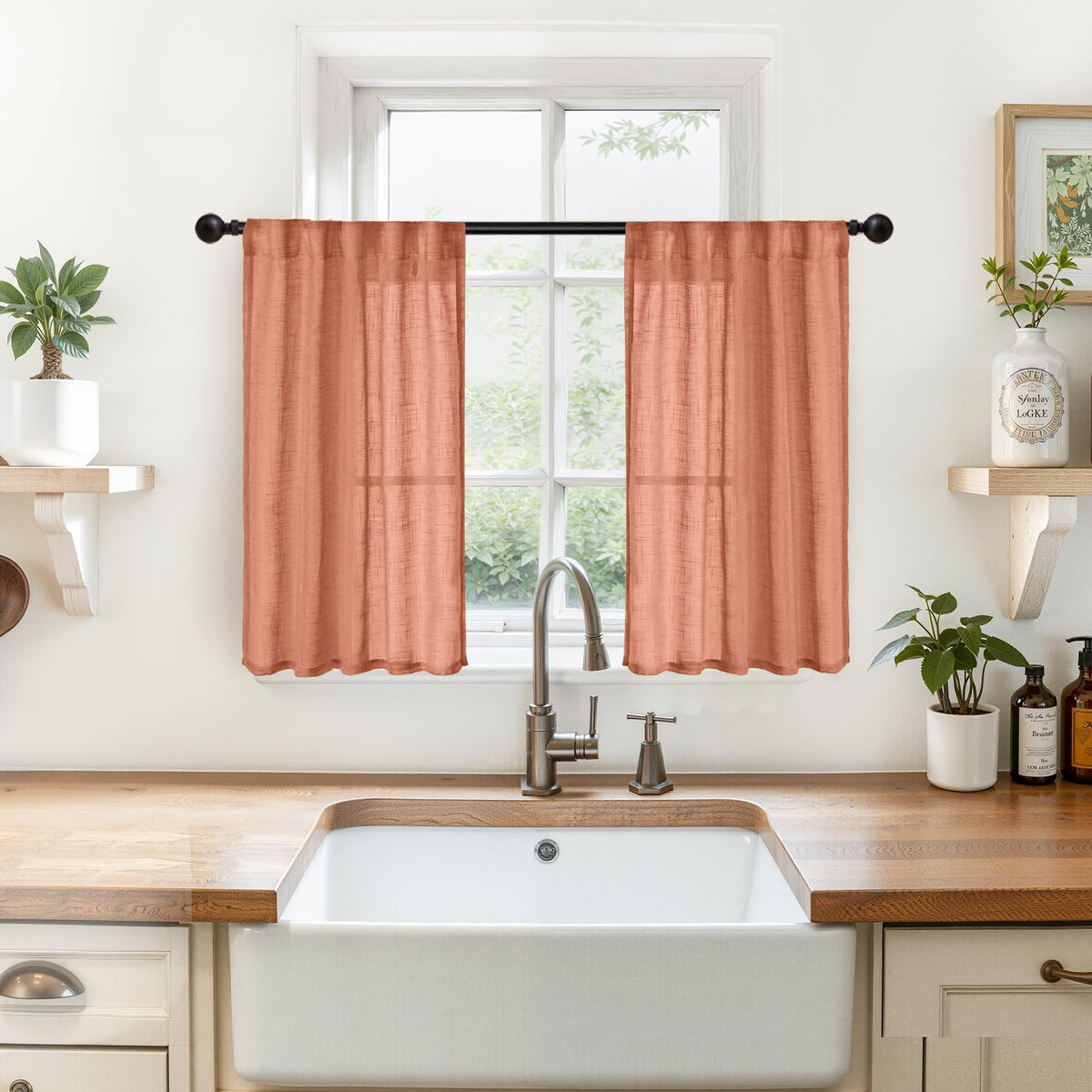 Small Linen Semi Sheer Curtains 24 Inch Long for Cafe Kitchen Window (2 Count)