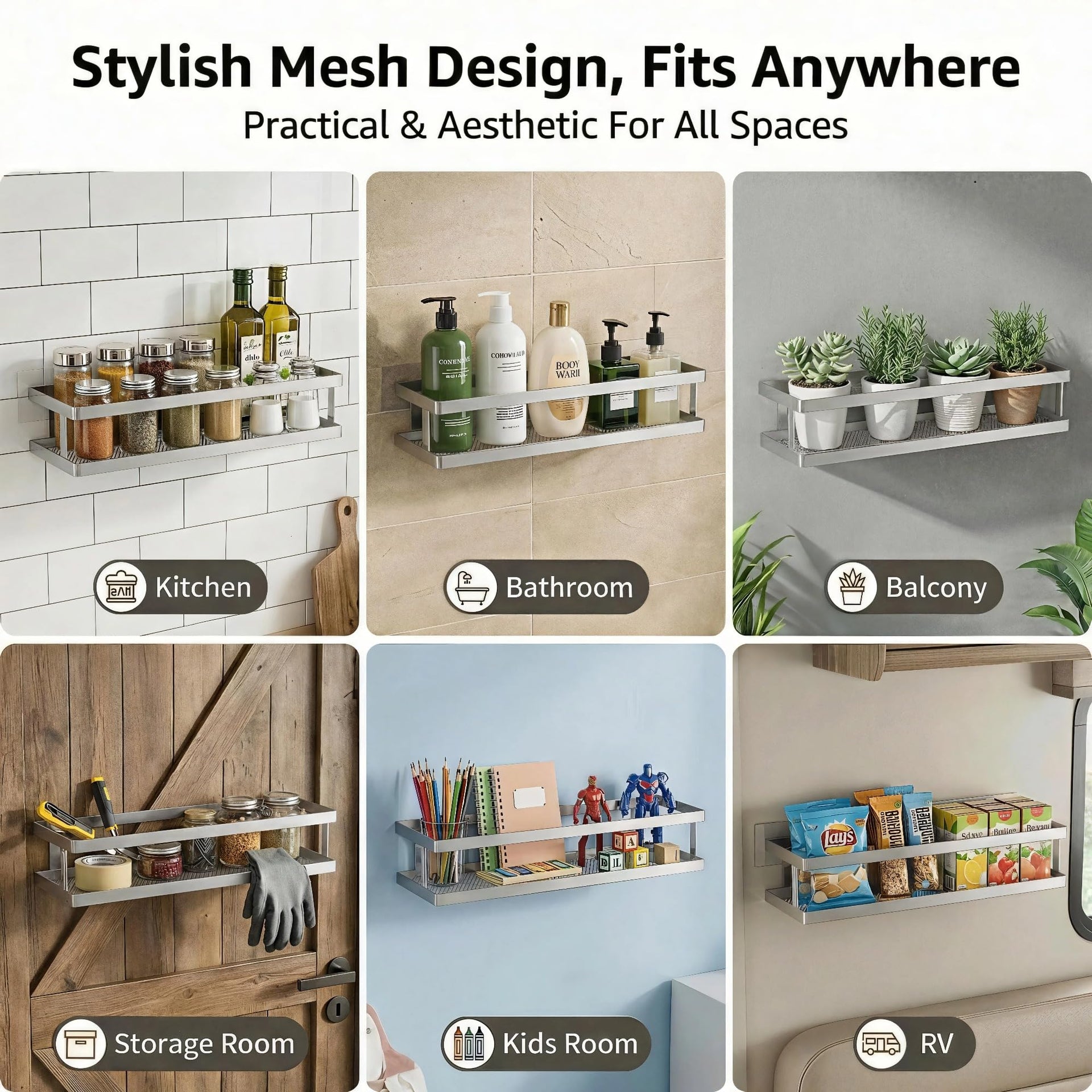 5-in-1 16.5" Extra Long Kitchen Organizer & Shower Caddy Set, Wall Mount Spice Rack with Paper Towel Holder, Utensil Holder & Soap Dish, Rustproof Mesh - Silver Gray, Guardrail