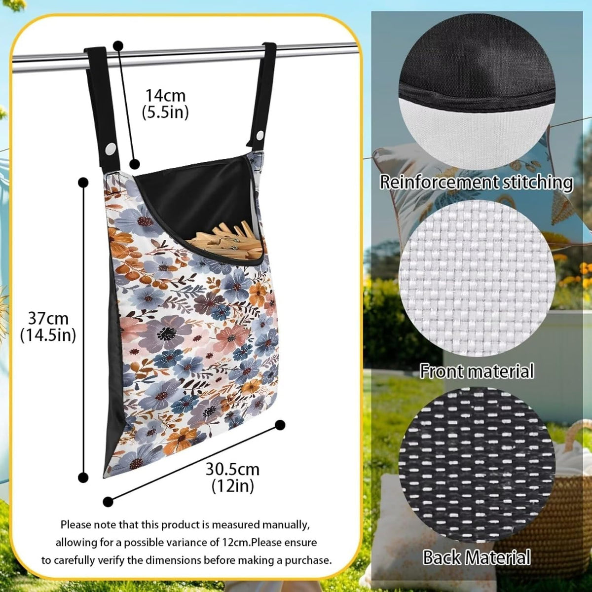Blue Flowers Clothespin Organizer Bag Hanging Laundry Bag Portable Clothespin Storage with Hanger Hook 2 Ropes for Hanging and Effortlessly Sliding on Clothesline