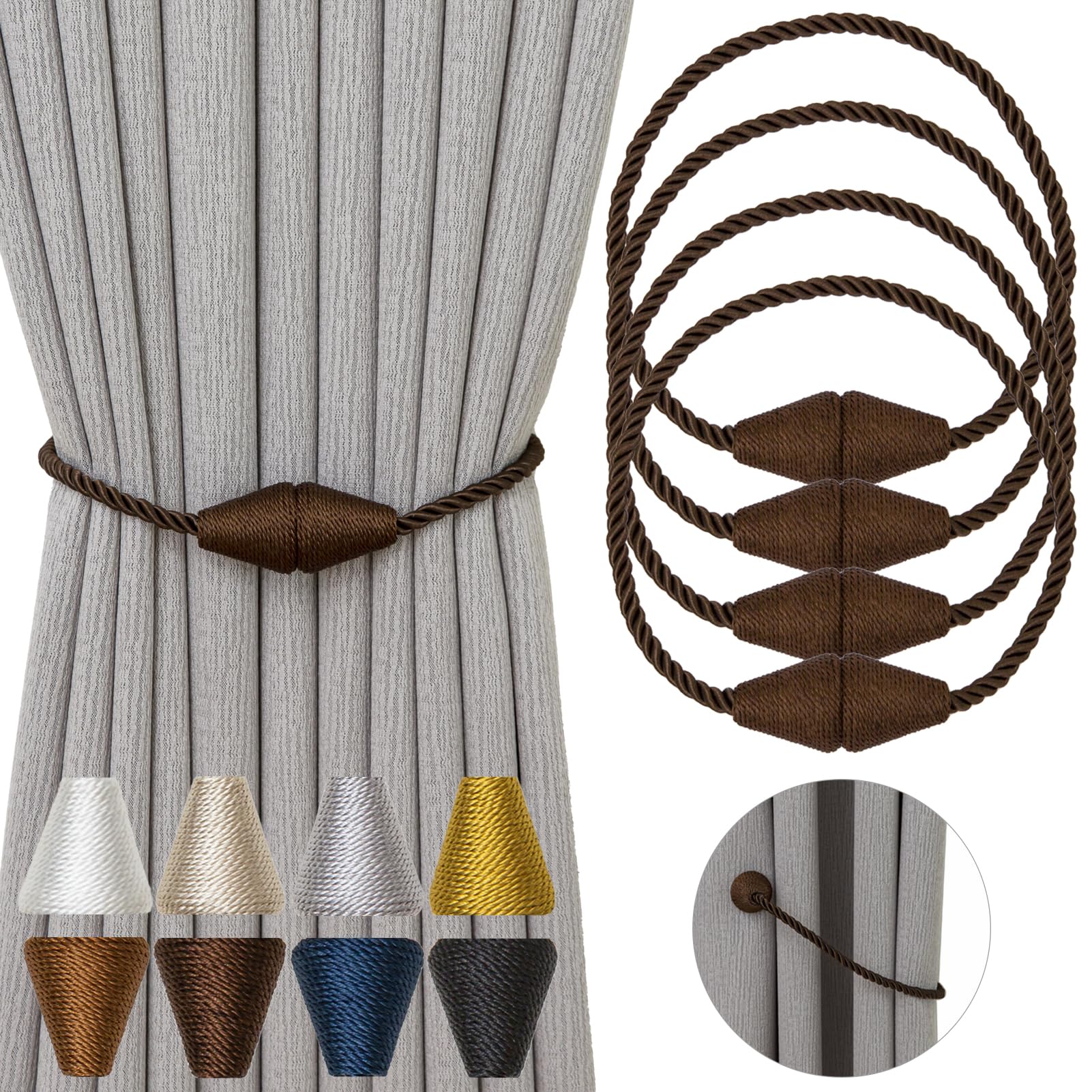 Magnetic Curtain Tiebacks 4 Pack Outdoor Rope Curtain Tie Backs Decorative Window Treatment Holdbacks for Home Decorative Curtain (4 Count)