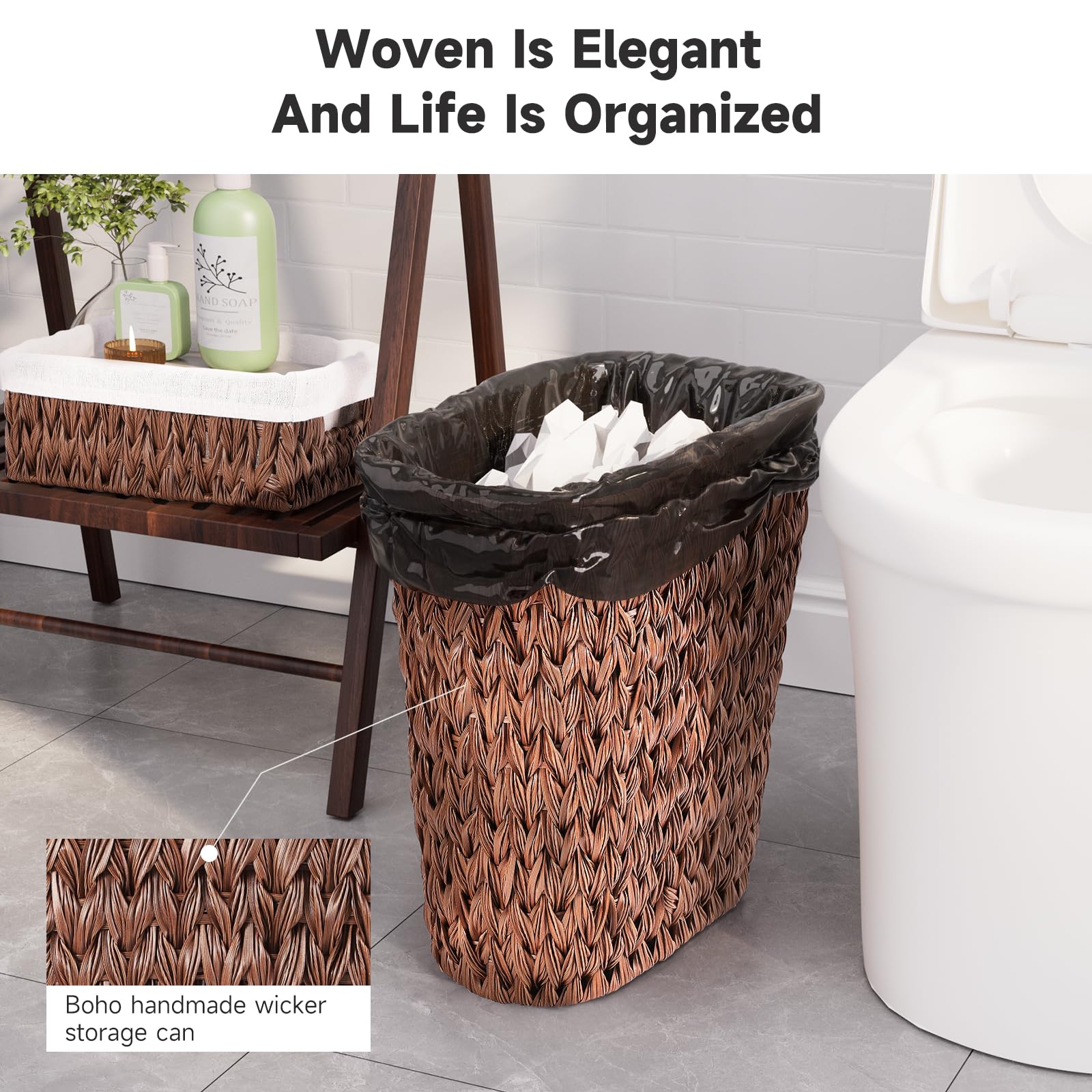 Bathroom Trash Can with Wicker Storage Baskets