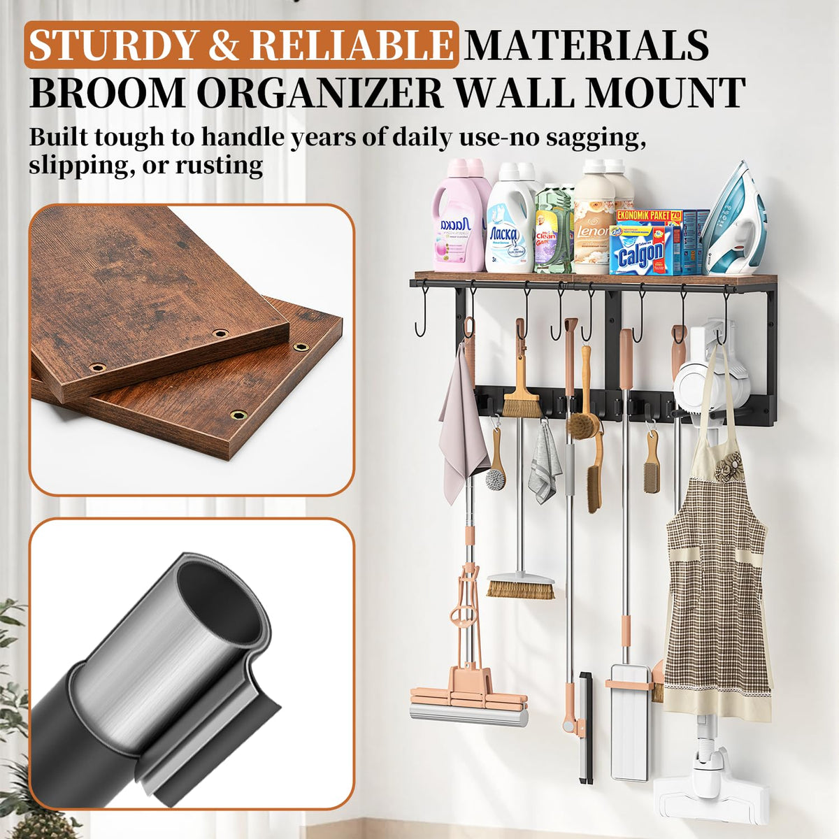 3-in-1 Broom Holder Wall Mount Broom and Mop Organizer Wall Hanging