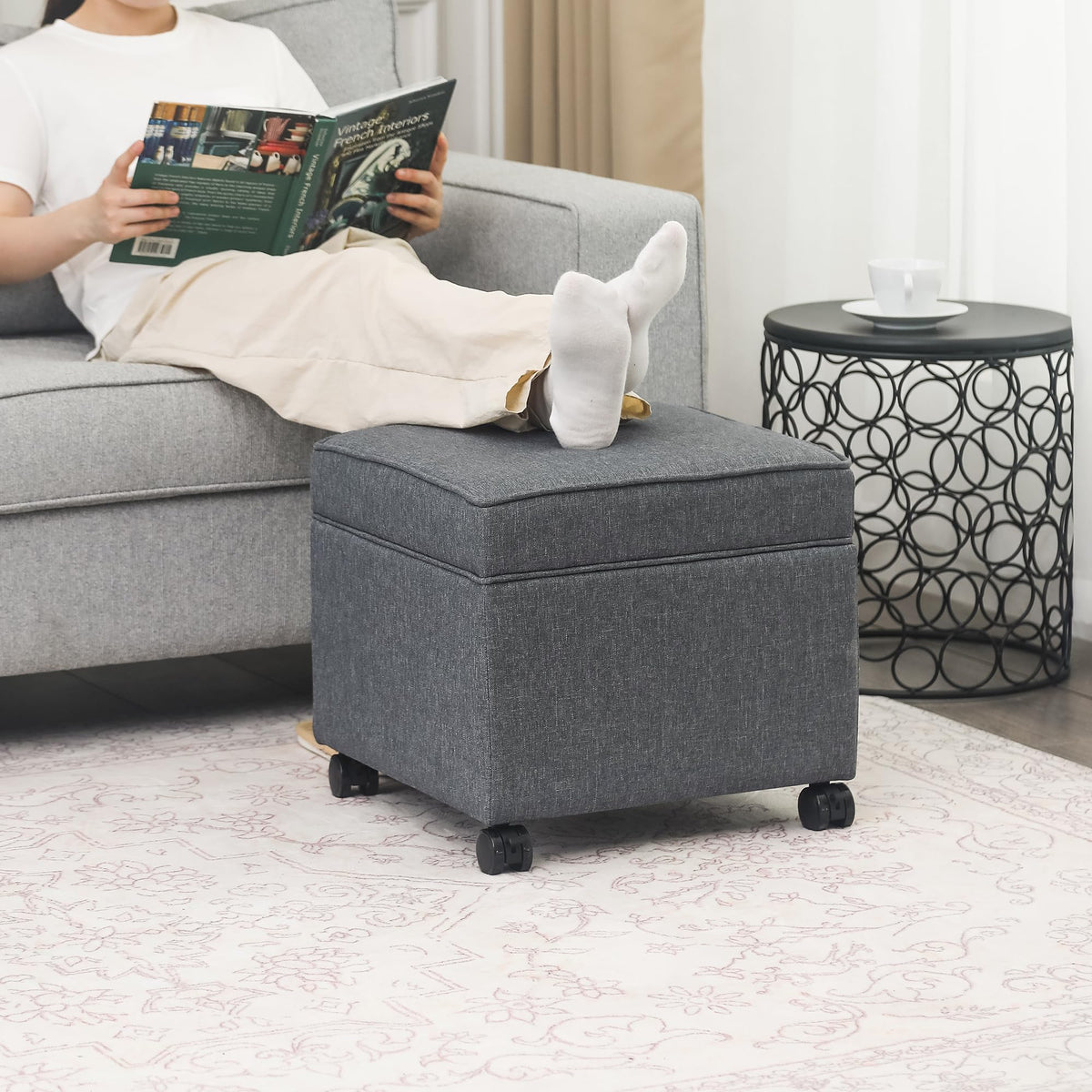 17.5" Square Fabric Ottoman with Storage