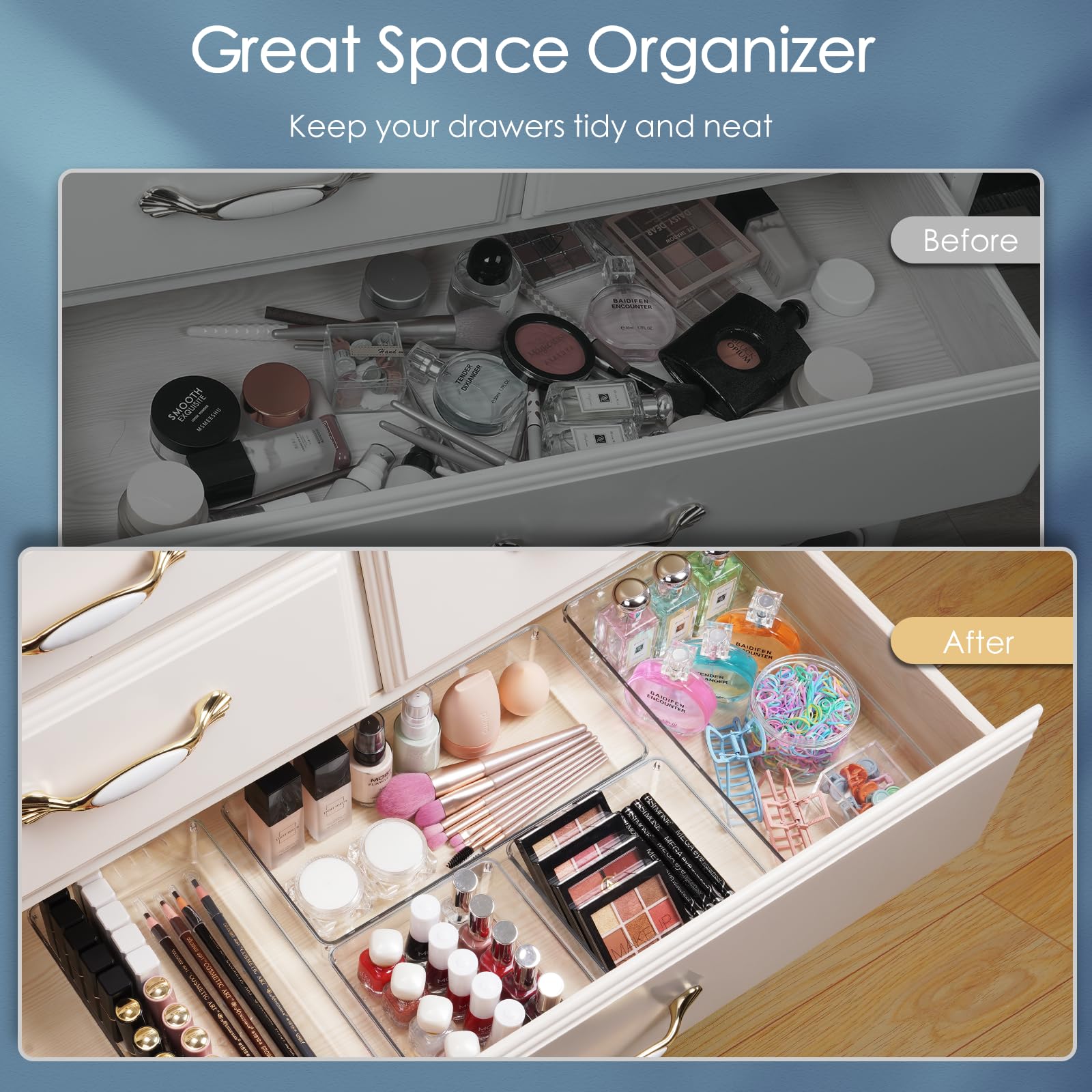 12 Pack Large Clear Plastic Drawer Organizer Set (12 Count)