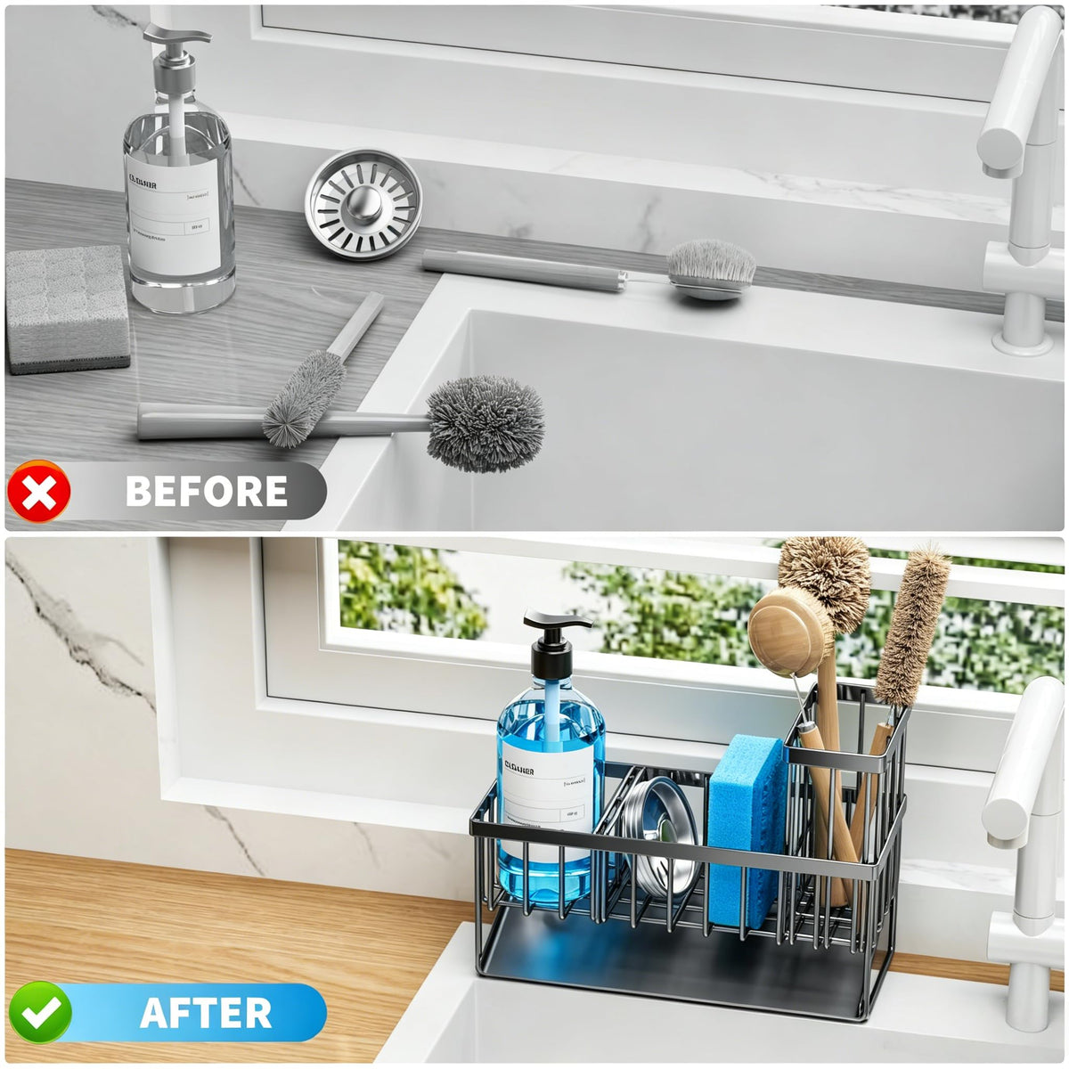 Sink Caddy Sponge Holder for Kitchen with Brush Holder and Stainless Steel Self Drain Tray