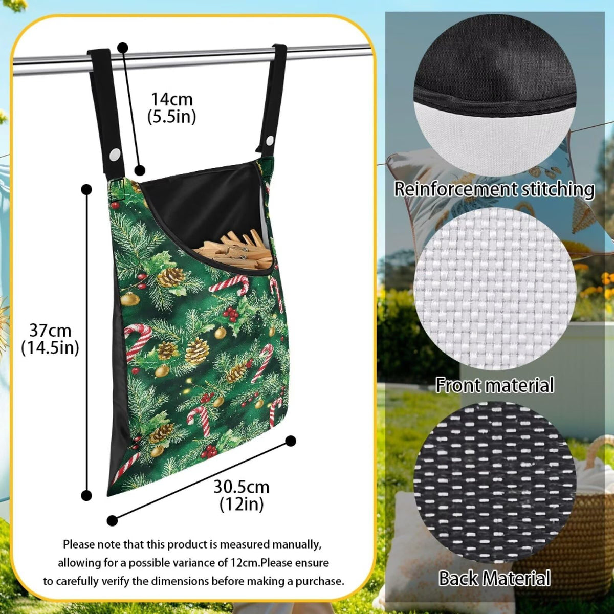 Christmas Pine Clothespin Organizer Bag Green Fashion Clothespin Storage Organizer with Large Opening Rotatable Clothespins Storage Bag Laundry Clothespins Bags for Outdoor