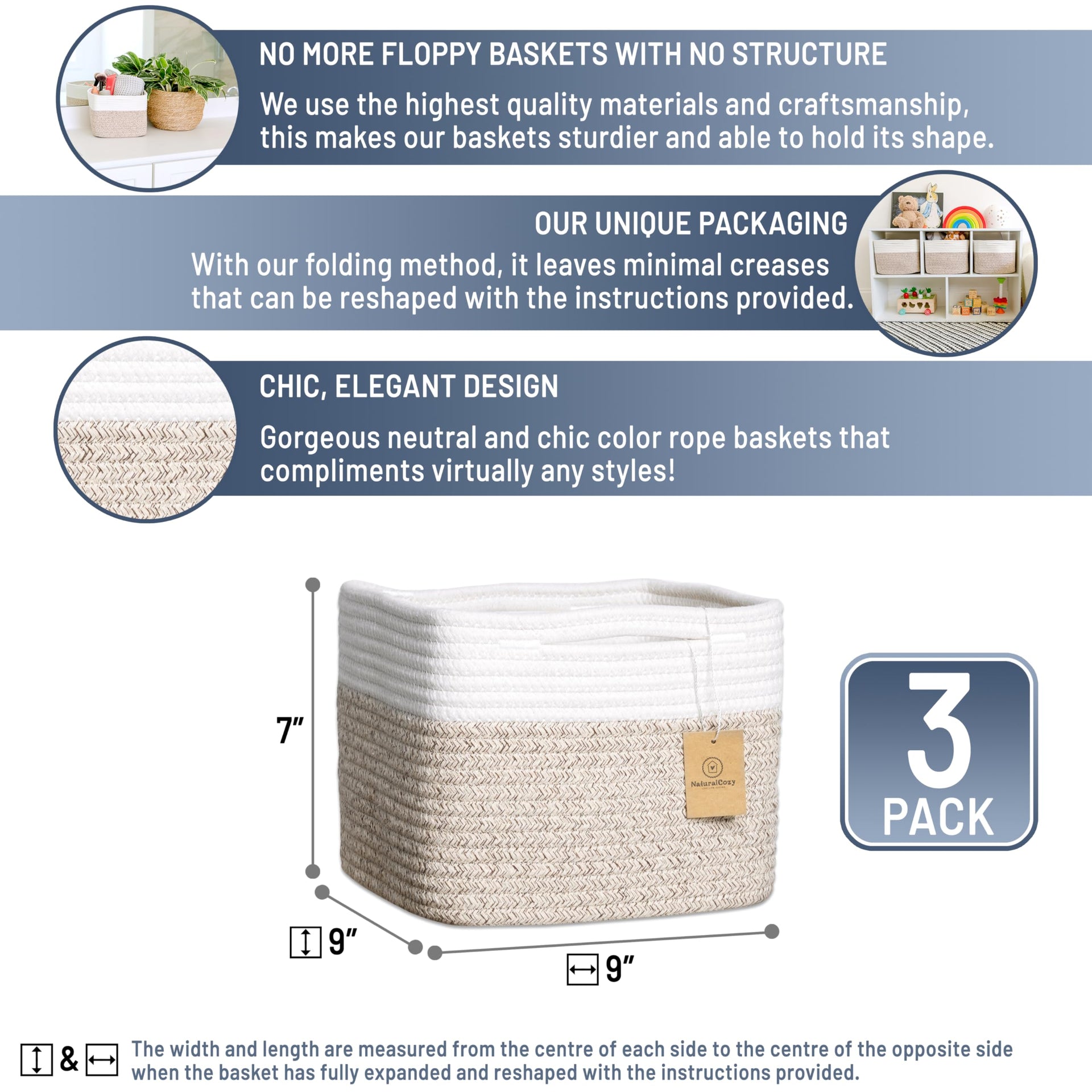 Storage Cubes 9”x9”x7”Cotton Rope Woven Baskets for Organizing 3 (3 Count)