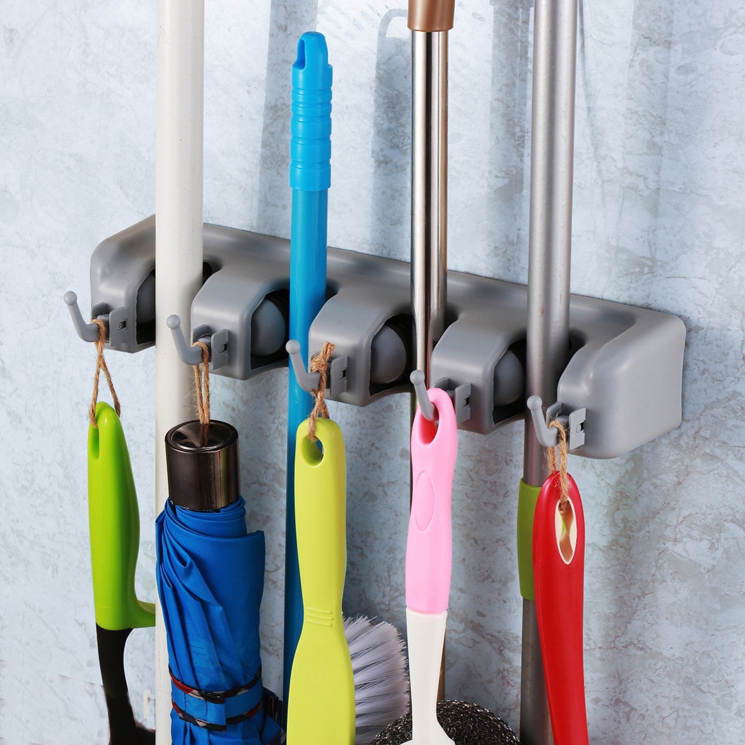 Mop and Broom Holder Wall Mounted 4 Position Storage Rack with 5 Retractable Hooks Holds up to 9 Tools Utility Weatherproof Holder for Garage Storage Systems Broom Organizer