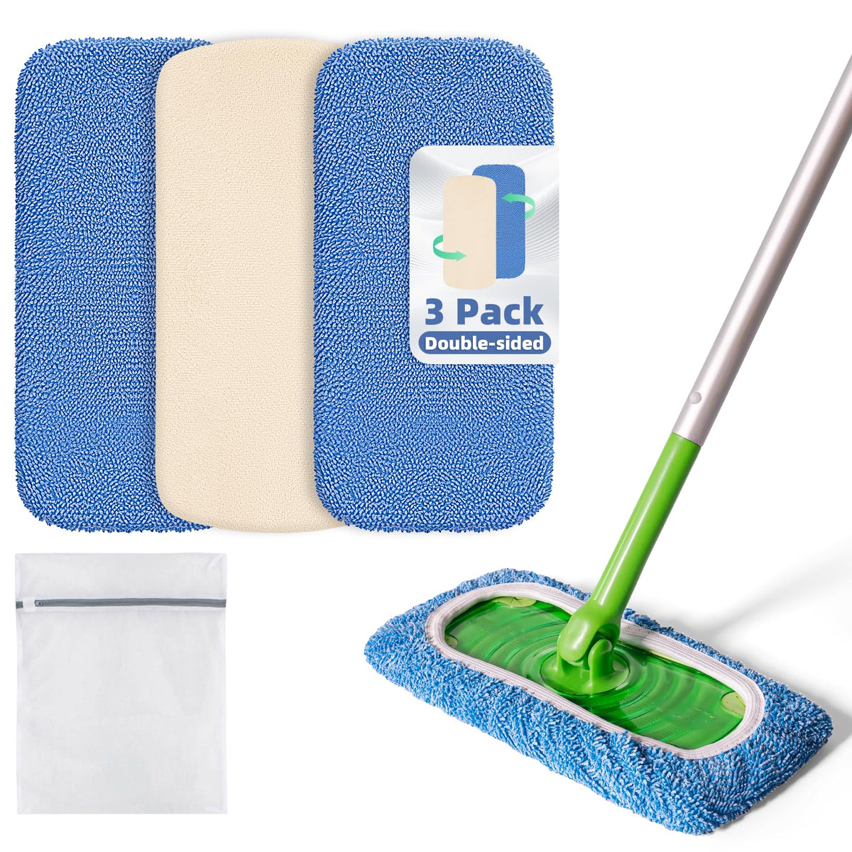 3 Pack Dual Sided Reusable Mop Pads Fit for Swiffer Sweeper (4 Count)