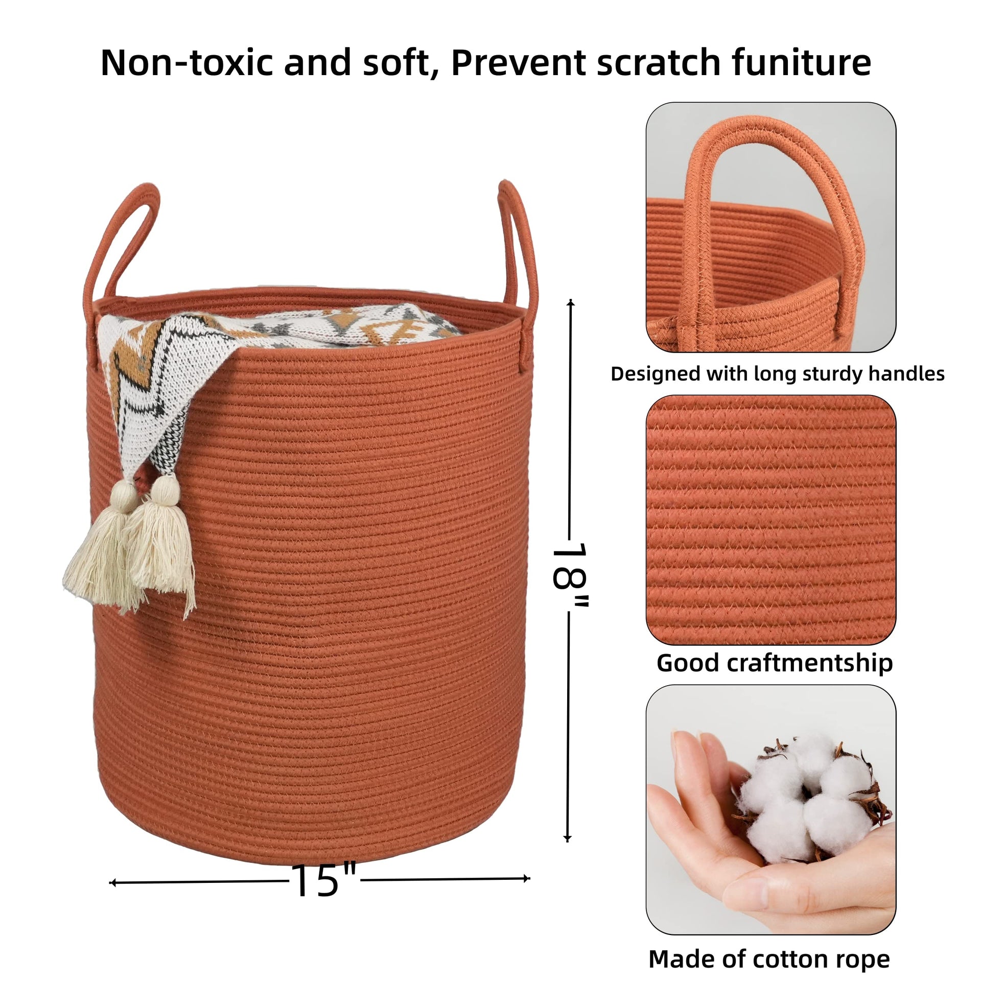 Cotton Rope Laundry Basket Hamper for Clothes Large Rust Red