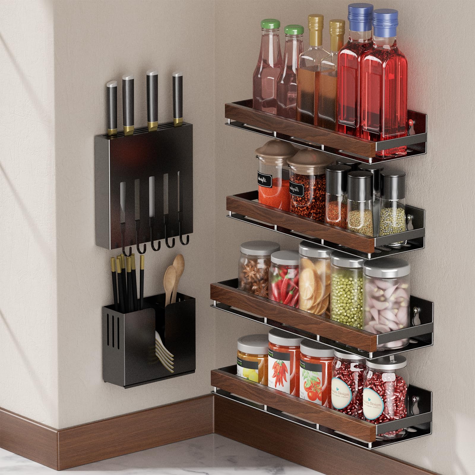 Walnut Magnetic Spice organizer for Refrigerator Wall Mount Spice Rack Magnetic Fridge Shelf Spice Jar Seasoning Organizer (2 Count)