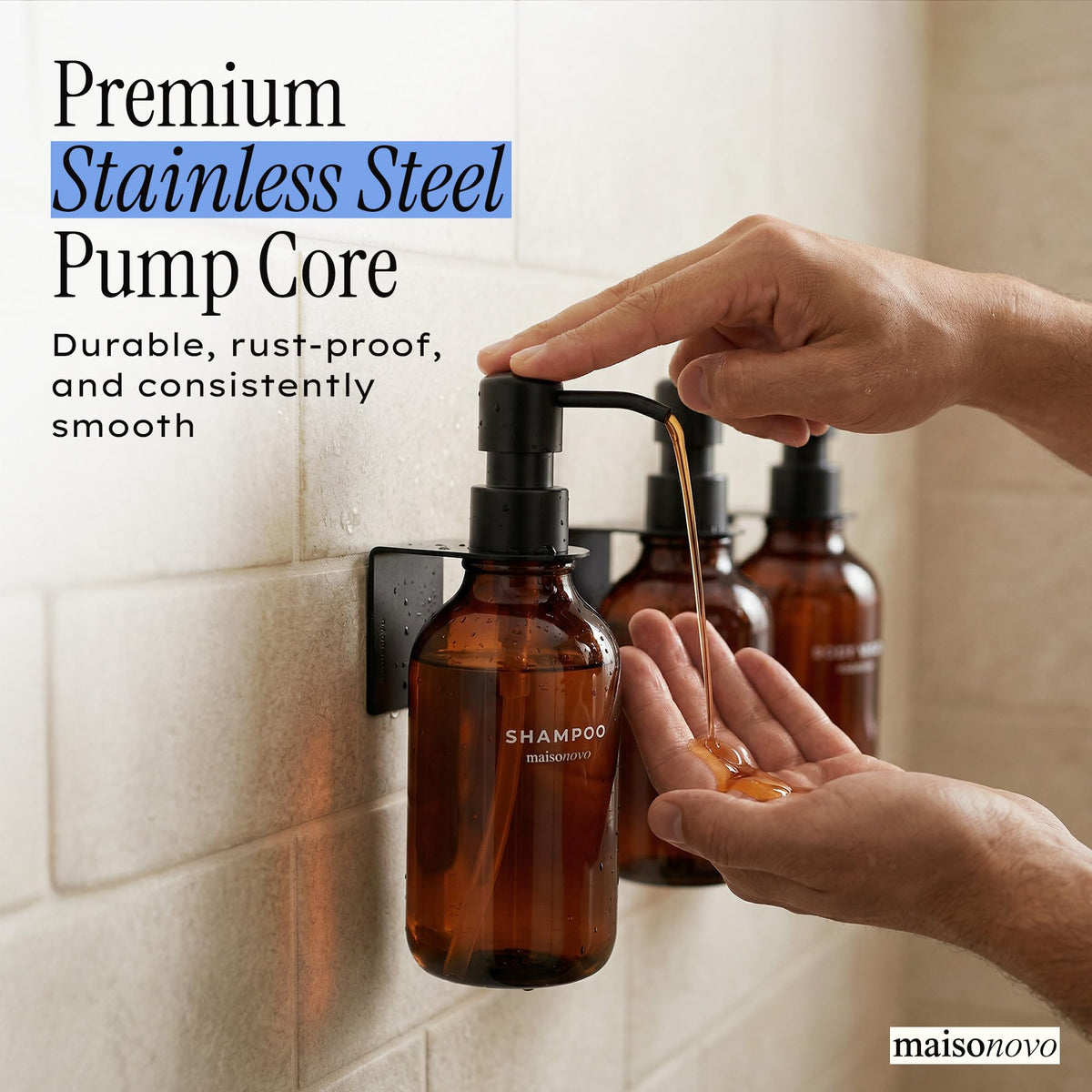 Shampoo and Conditioner Dispenser Wall Mounted Set of 3 Amber Black (3 Count)