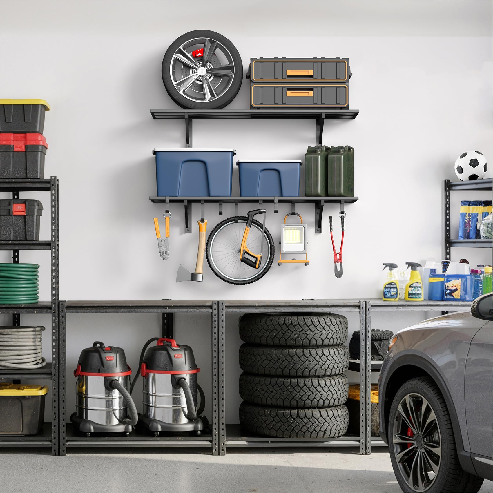 2 Pack Heavy Duty Garage Wall Shelving with 8 Hooks (2 Count)