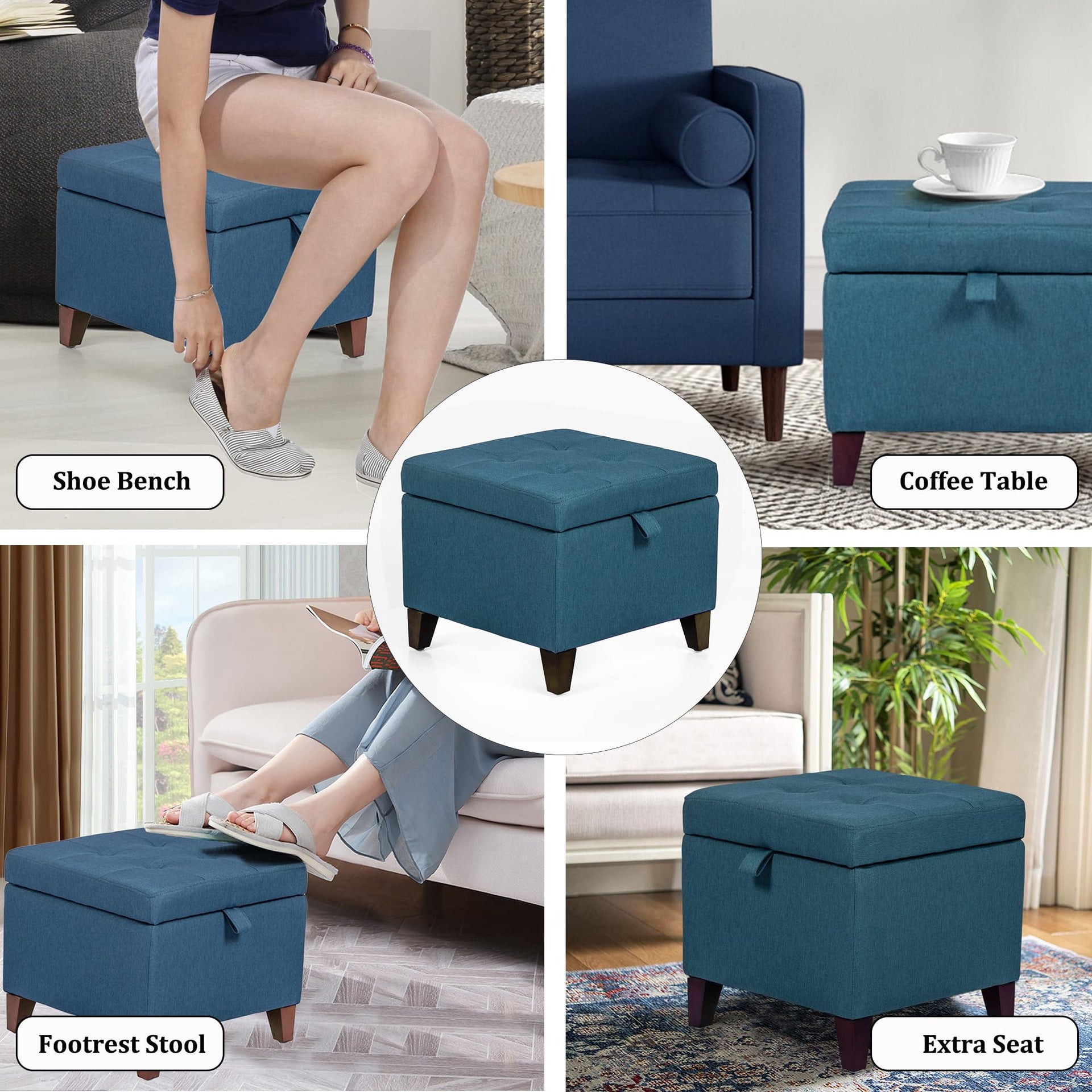 Square Fabric Storage Ottoman with Tufted Flip Top