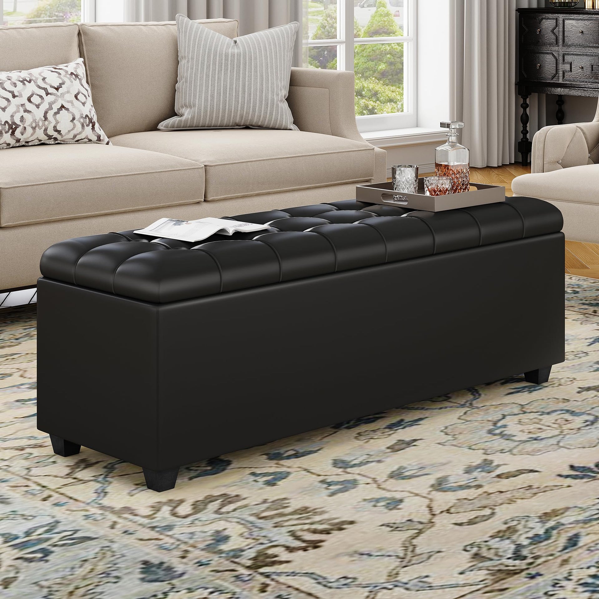 Black 38" Faux Leather Storage Ottoman Bench with Hinged Lid and Footrest