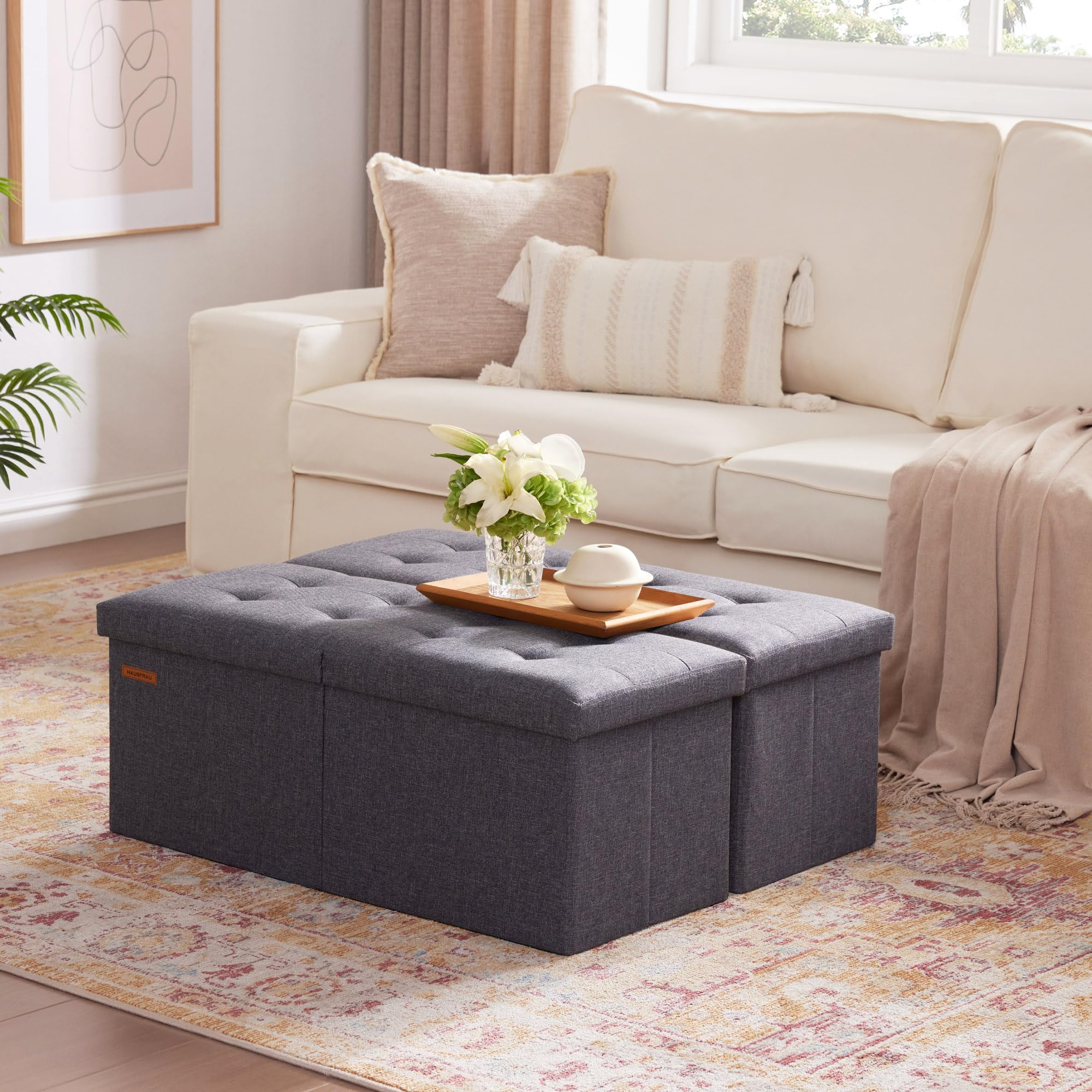 Ottoman with Storage Bench Folding Foot Rest Stool Linen Grey