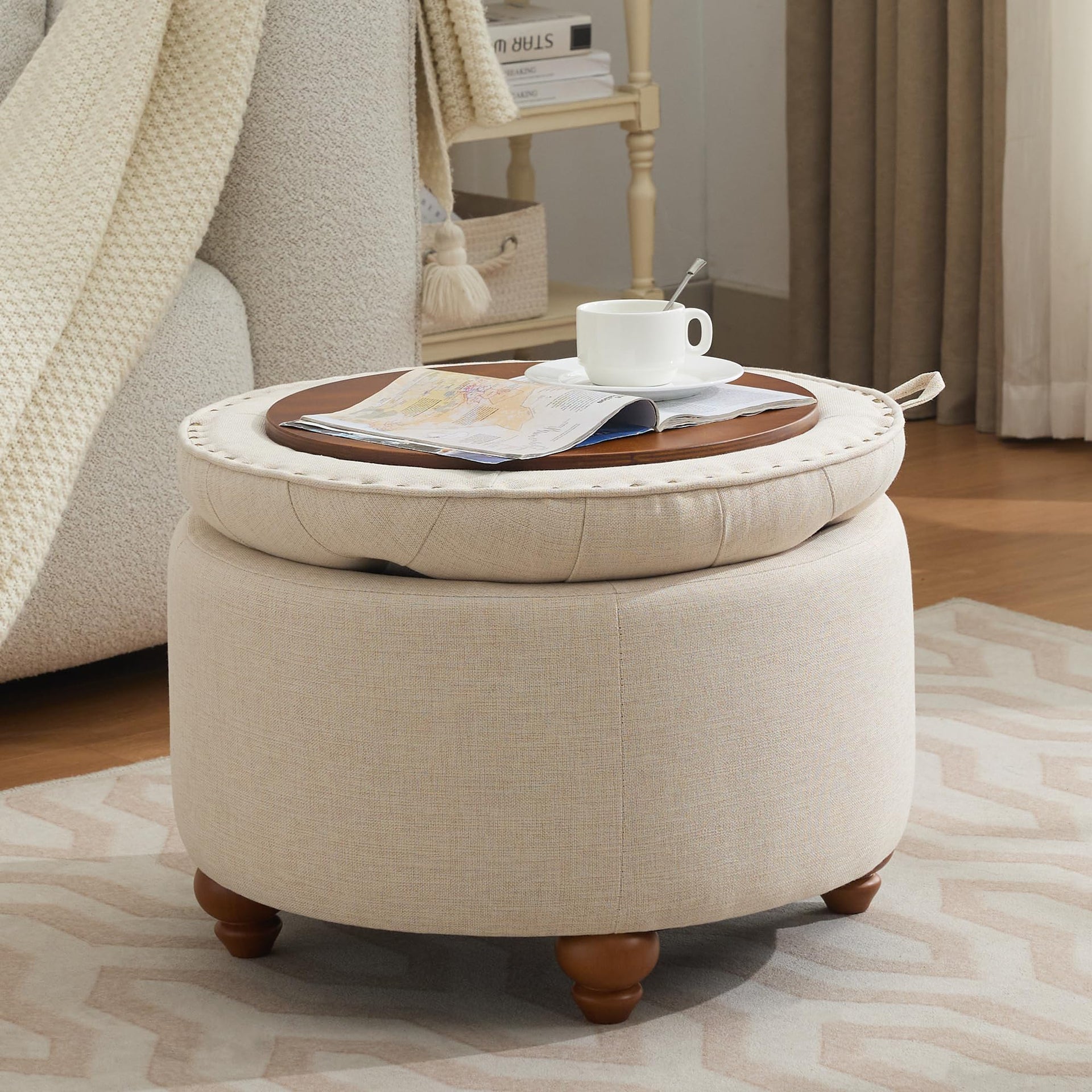 24Inch Round Storage Ottoman with Tray
