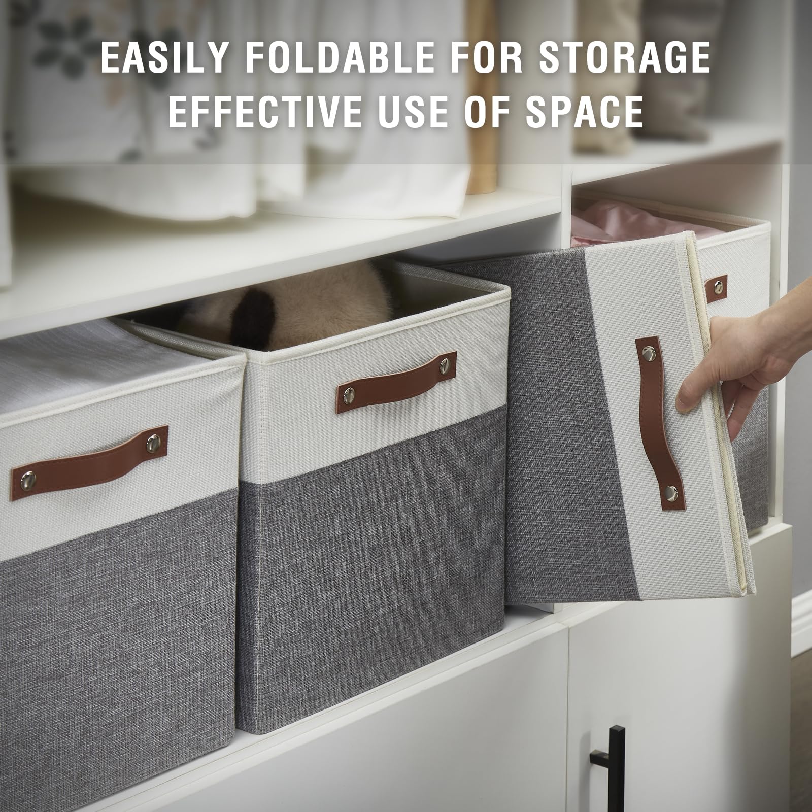 Collapsible Fabric Storage Cube Bins with 2 Reinforced PU Handles (4 Count)