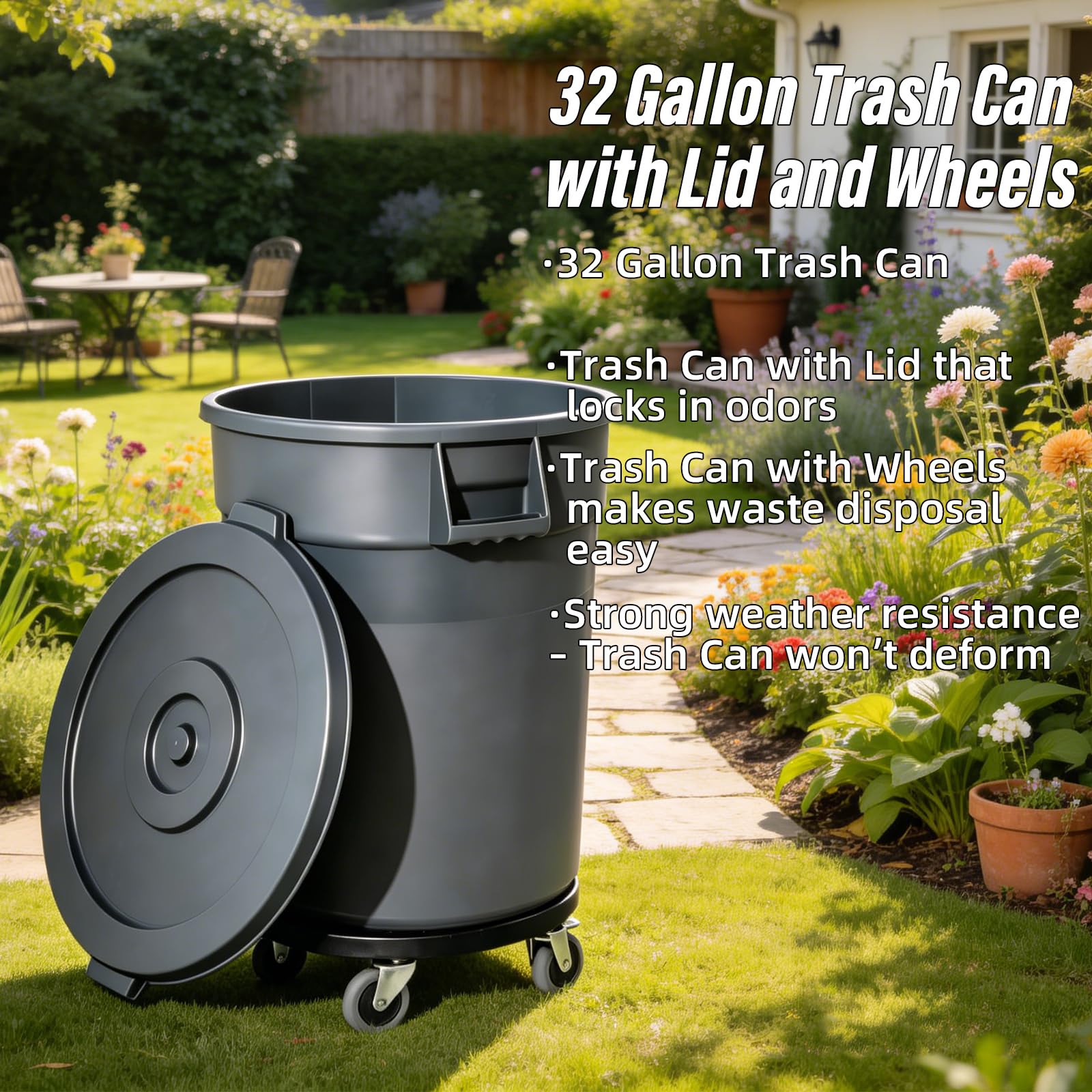 32 Gallon Trash Can with Lid and Wheels