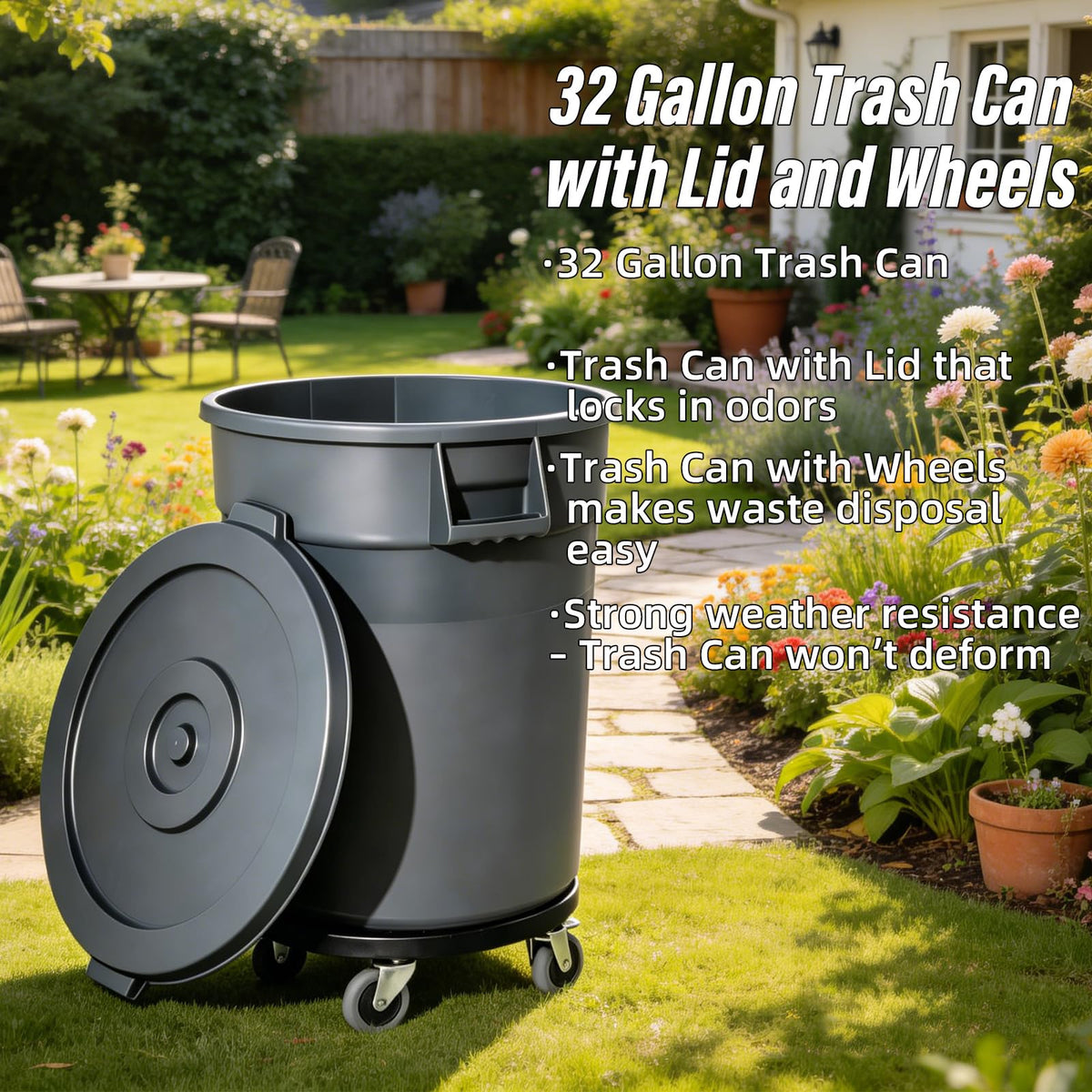 32 Gallon Trash Can with Lid and Wheels