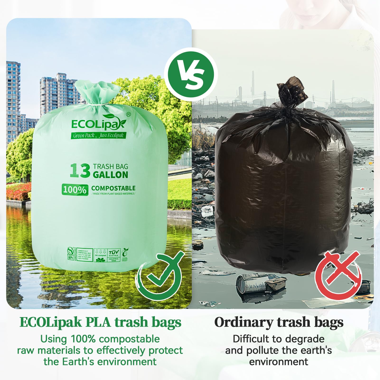 13 Gallon 100 Count Compostable Kitchen Trash Garbage Bags