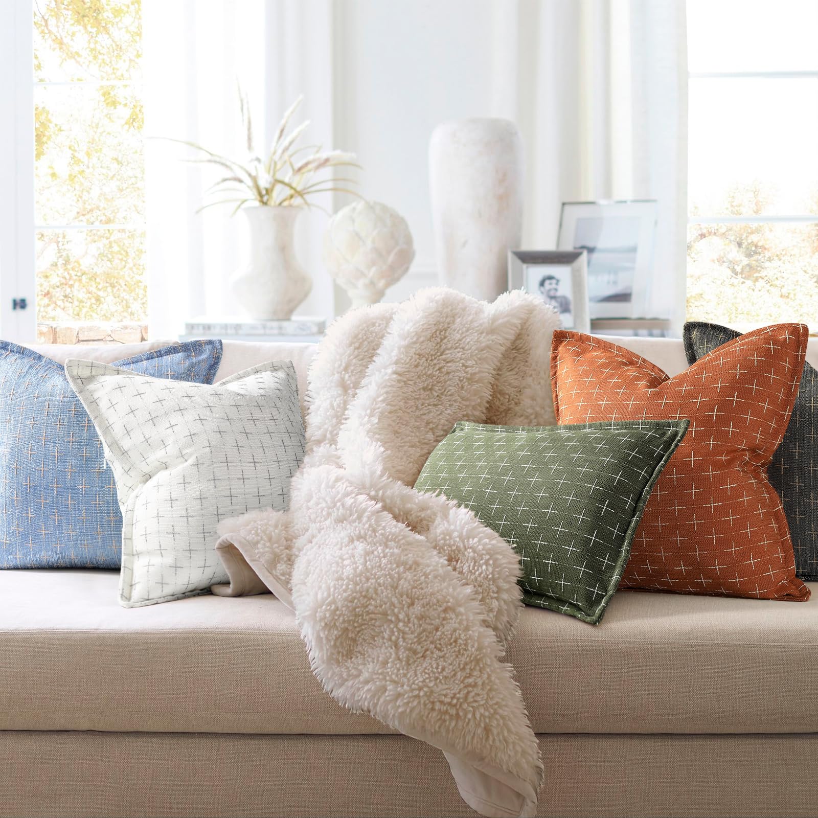 Fall Pillow Covers 20x20 Set of 2 Soft Fall Decor Polyester Textured Pillow Covers with Stylish Flange Edge Cozy Farmhouse Throw Pillows for Couch Bed Sofa Living Room (2 Count)
