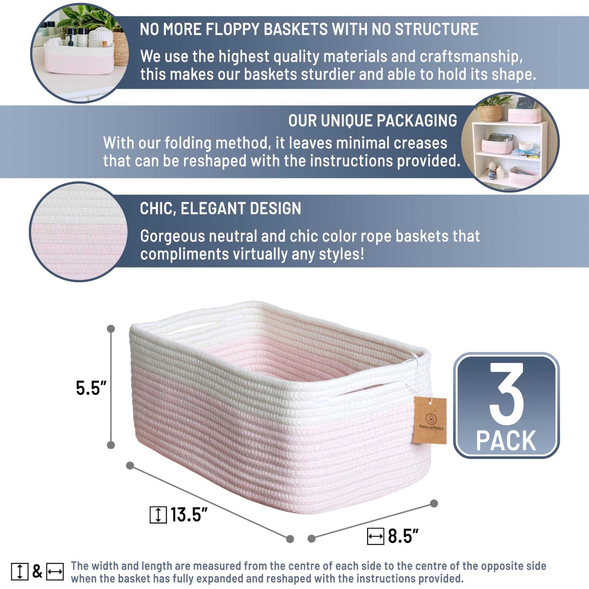 13.5”x8.5”x5.5” Rectangle Storage Baskets for Shelves 3 Pack (3 Count)