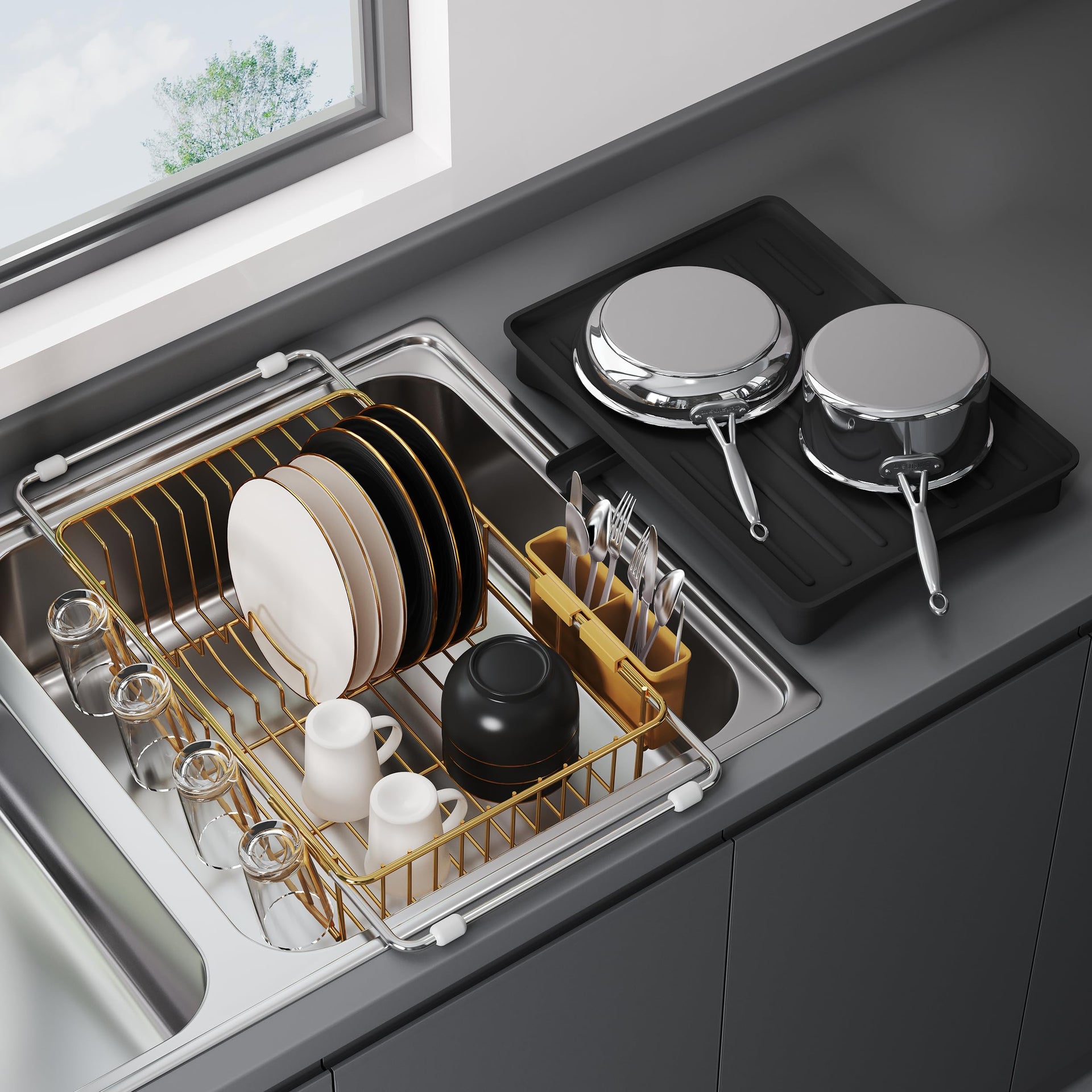 Gold Dish Drying Rack in Sink with Drainboard and Utensil Holder