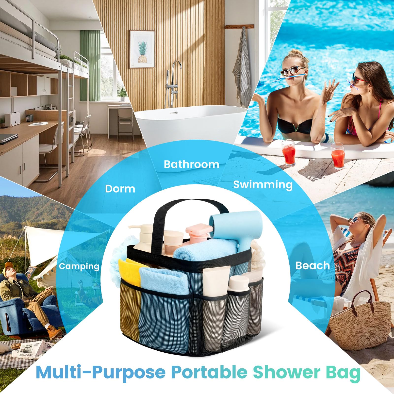 Mesh Shower Caddy Portable for College Dorm Room Essentials for Girls with 9 Pockets