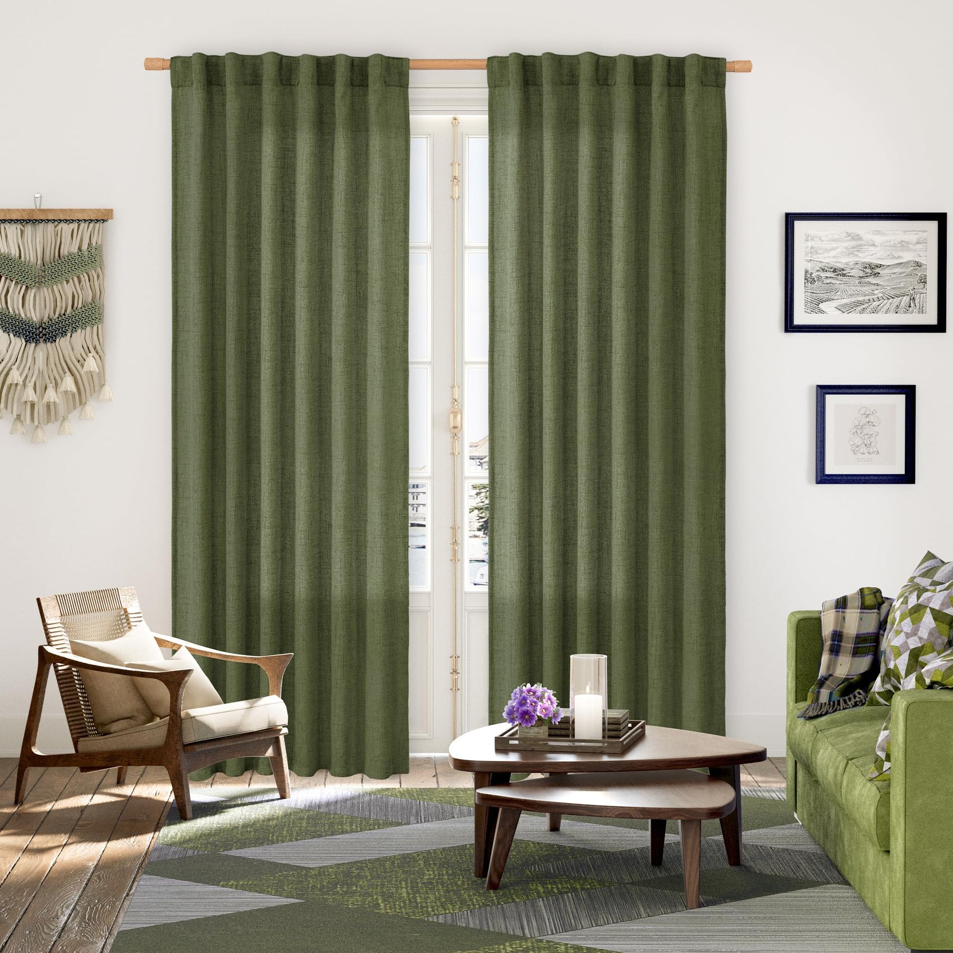 Olive Green Linen Curtains 80 Inch Length for Living Room (2 Count)