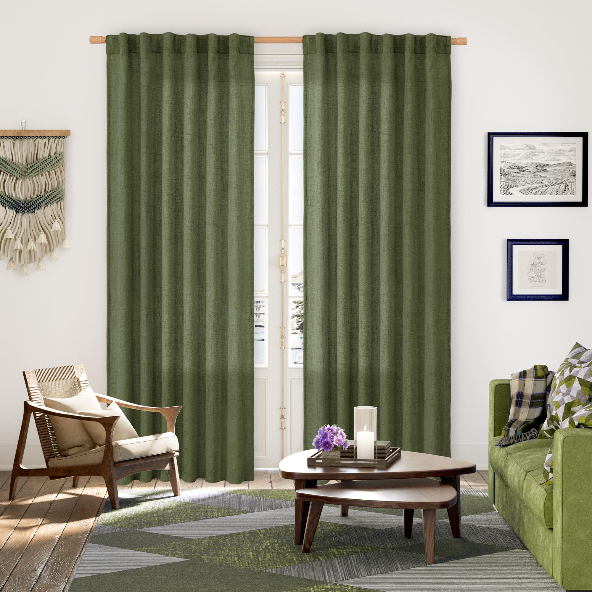 Olive Green Linen Curtains 80 Inch Length for Living Room (2 Count)