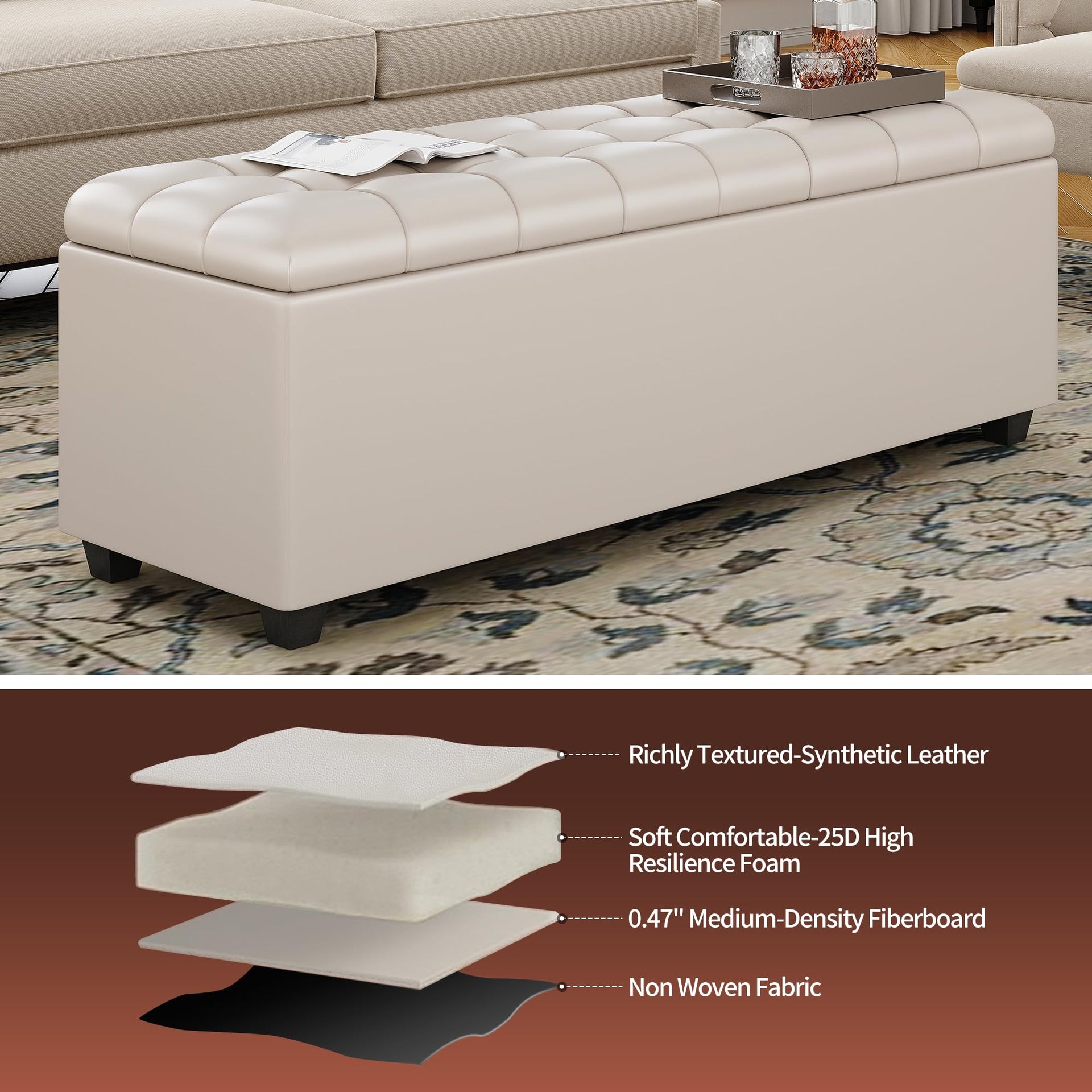 38" White Faux Leather Ottoman Storage Bench with Hinged Lid and Foot Rest