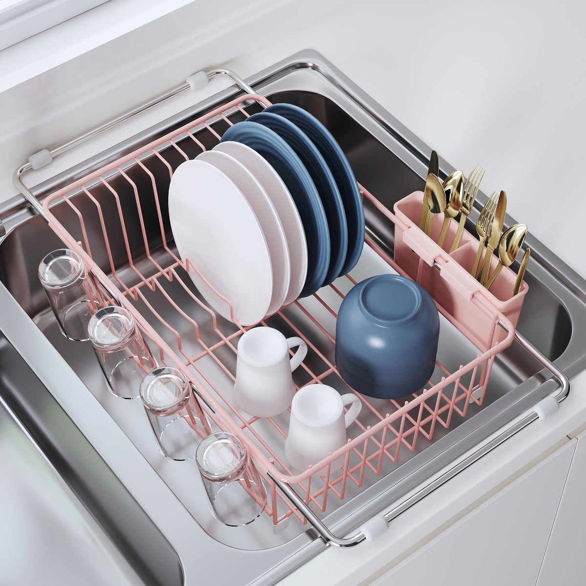Pink Dish Drying Rack in Sink