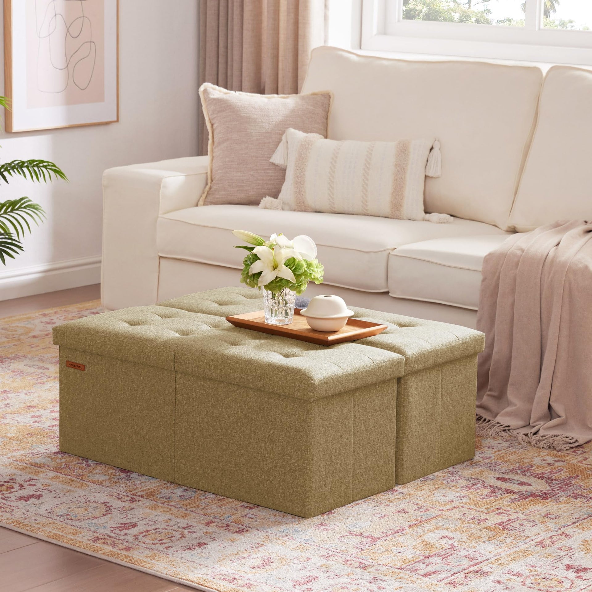 Ottoman with Storage Bench Folding Foot Rest Stool Linen Kaki