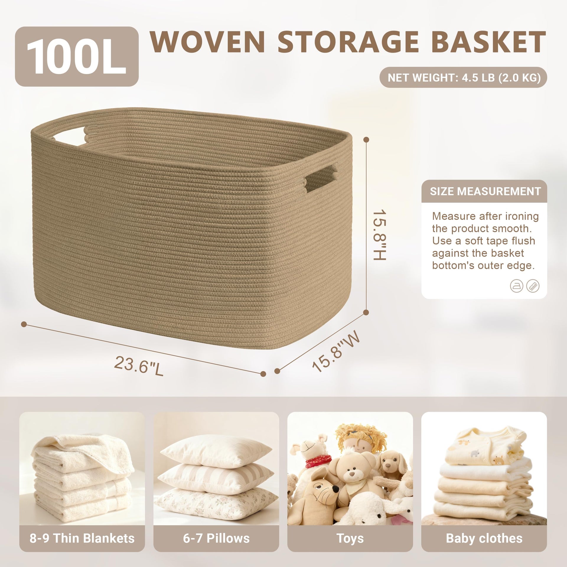 100L Extra Large Woven Laundry Basket Hamper with Handles