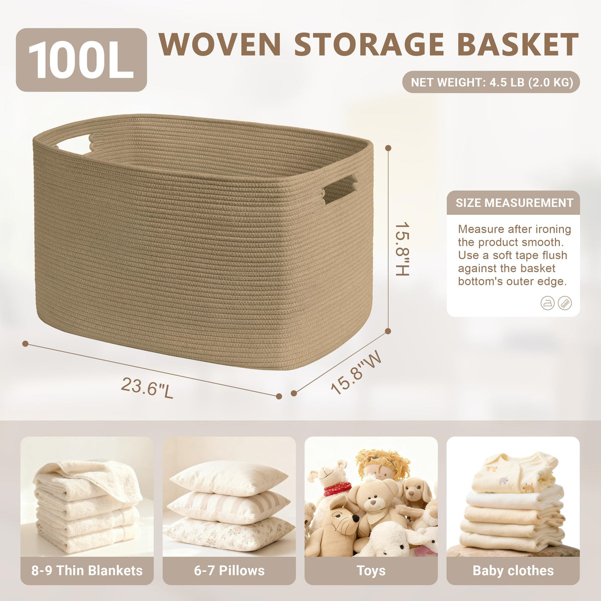 100L Extra Large Woven Laundry Basket Hamper with Handles