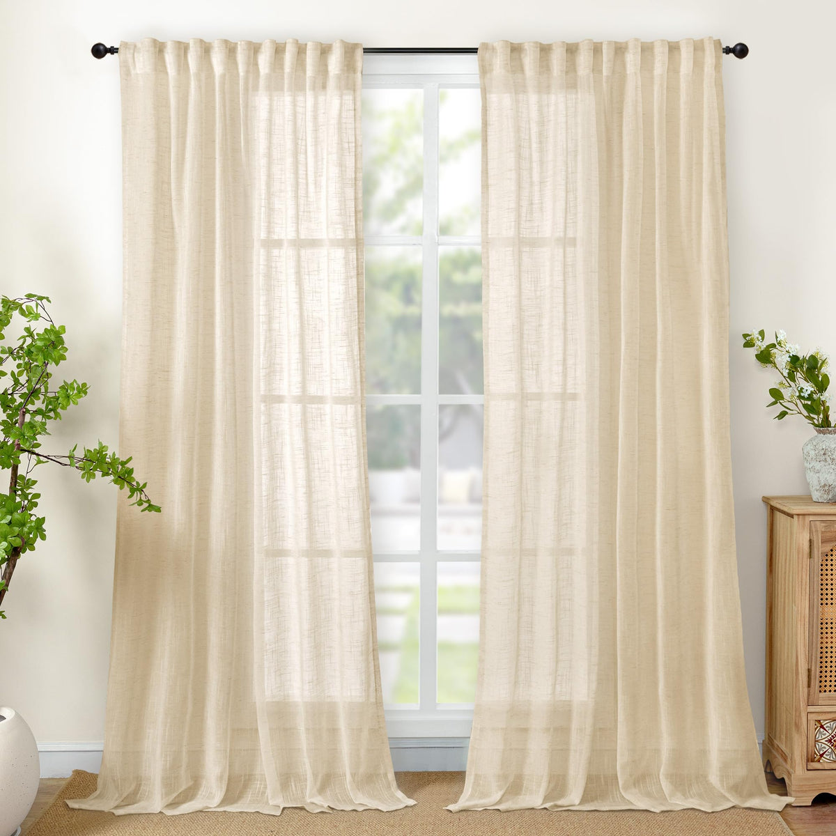 Tan Linen Semi Sheer Curtains for Farmhouse Living Room 52x84 Inch Length (2 Count)
