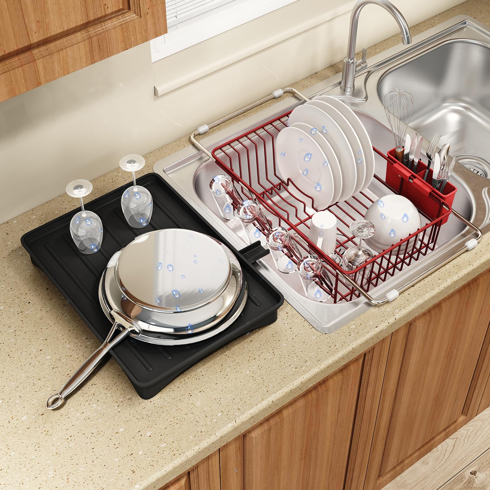 Red Dish Drying Rack Over Sink with Utensil Holder