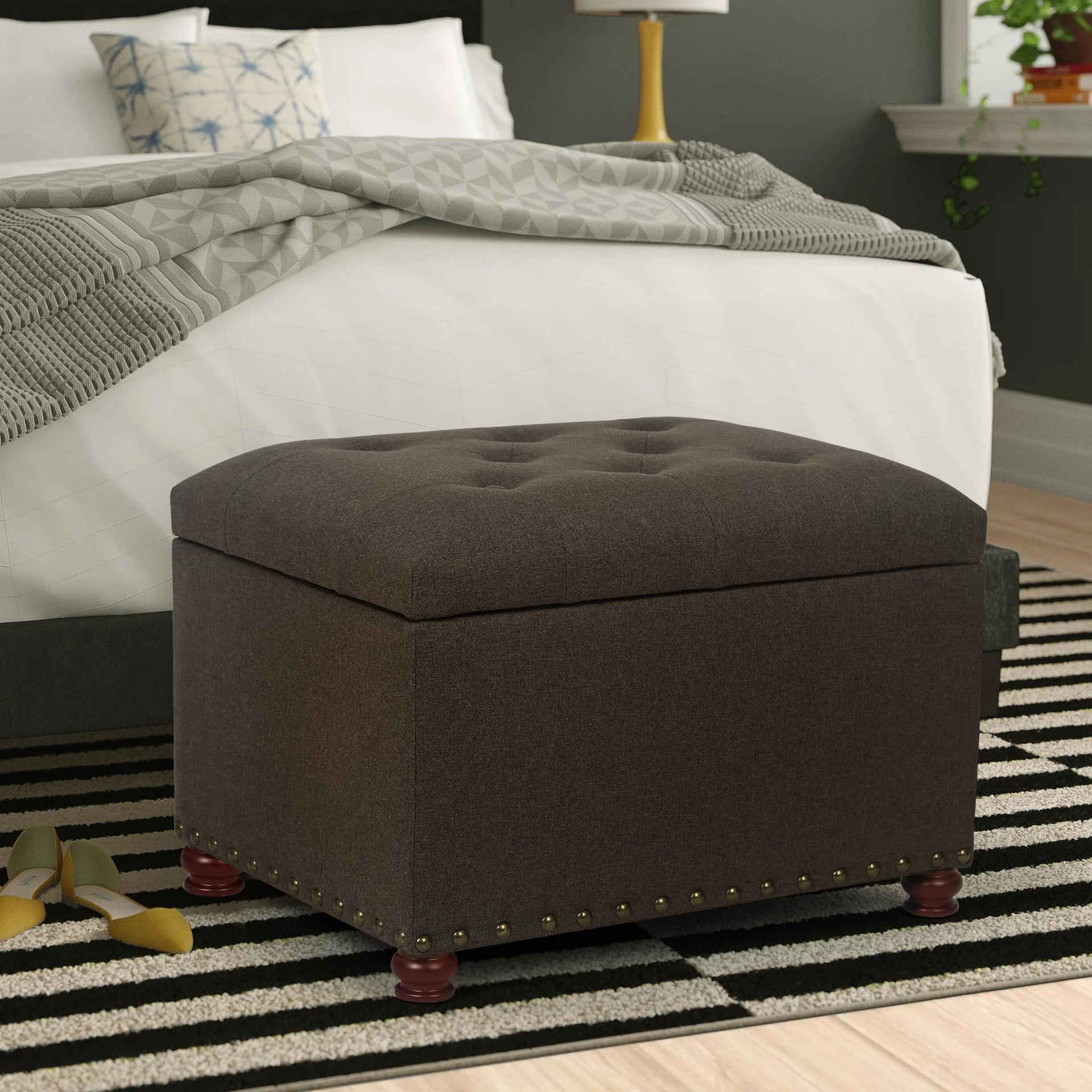 Storage Ottoman Linen Button Tufted Bench with Rivet