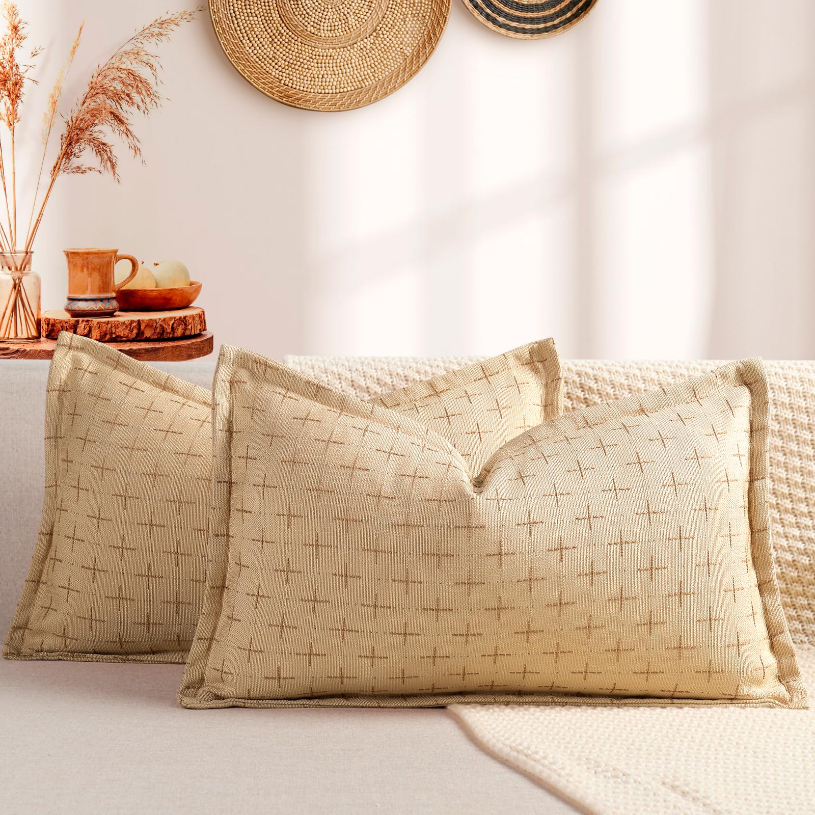 12x20 Pillow Covers Set of 2 Soft Polyester Textured Pillow Covers with Stylish Flange Edge Cozy Farmhouse Throw Pillows for Couch Bed Sofa Living Room (2 Count)