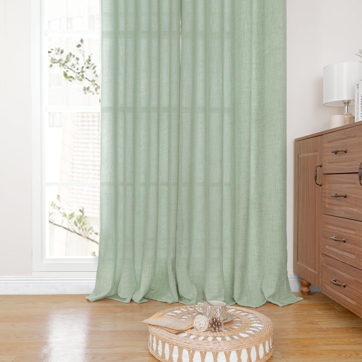 Sage Green Short Linen Curtains 48 Inch Length for Kitchen (2 Count)