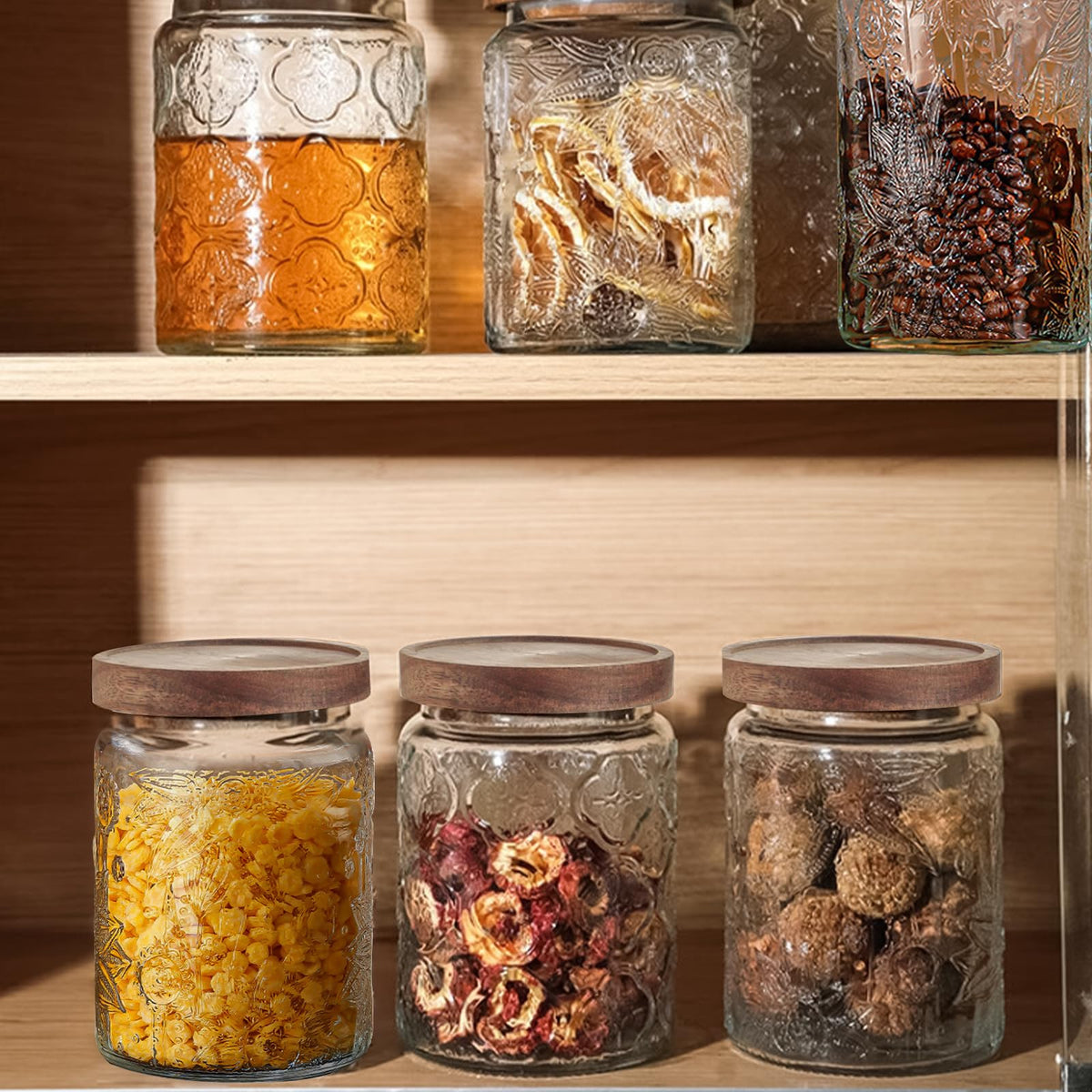24 OZ 4 PCS Glass Storage Jar with Airtight Bamboo Wooden Lids