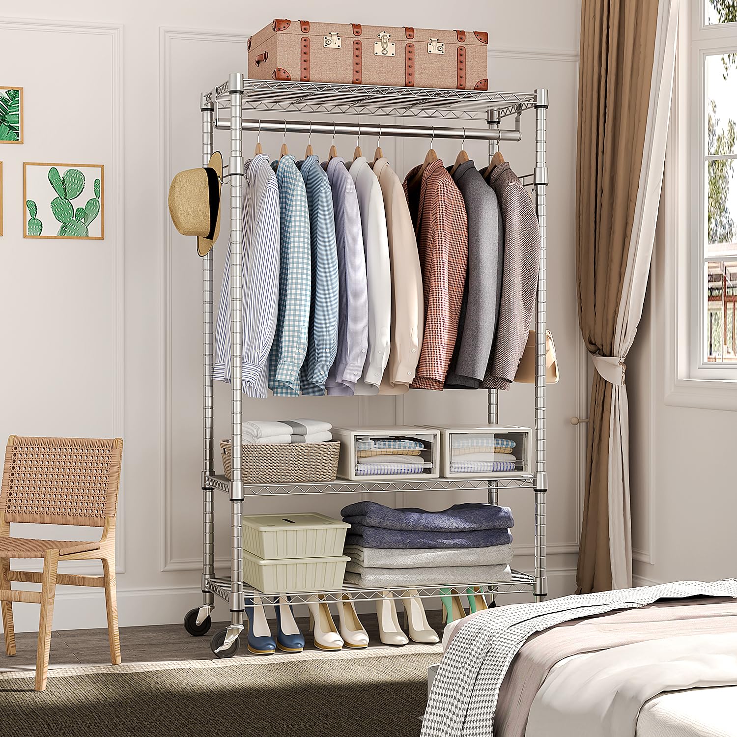 Heavy Duty Rolling Garment Rack 3 Tiers Adjustable Wire Shelving Clothes Rack with Rods and Side Hooks