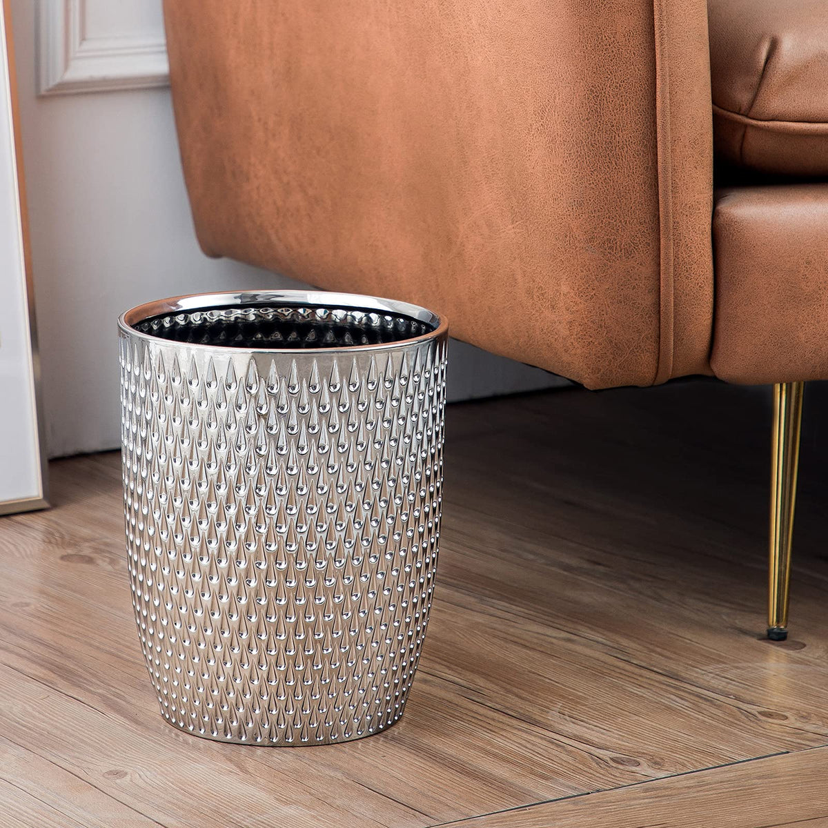 Modern Round Silver Small Trash Can Wastebasket