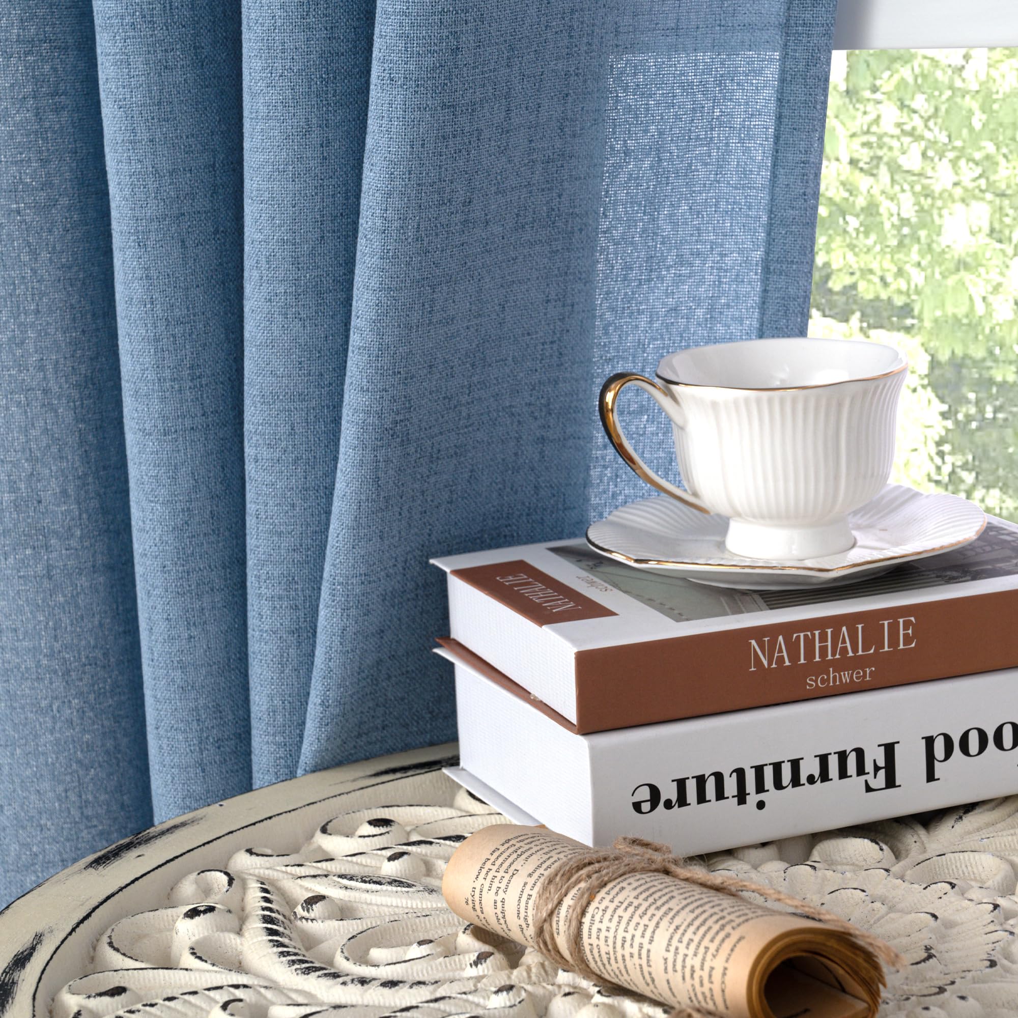 Light Blue Linen Semi Sheer Curtains 84 Inch Long for Living Room (2 Count)