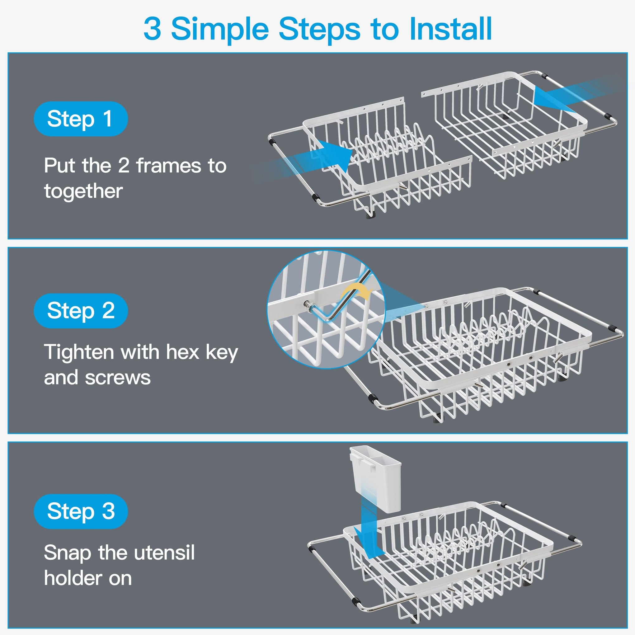 White Dish Drying Rack Over the Sink with Utensil Holder