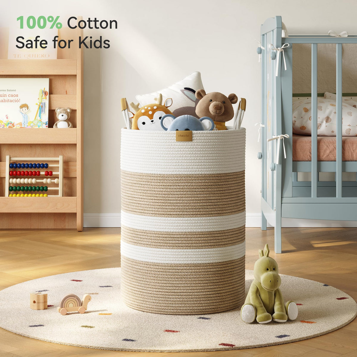 95L Striped Laundry Hamper with Leather Handles