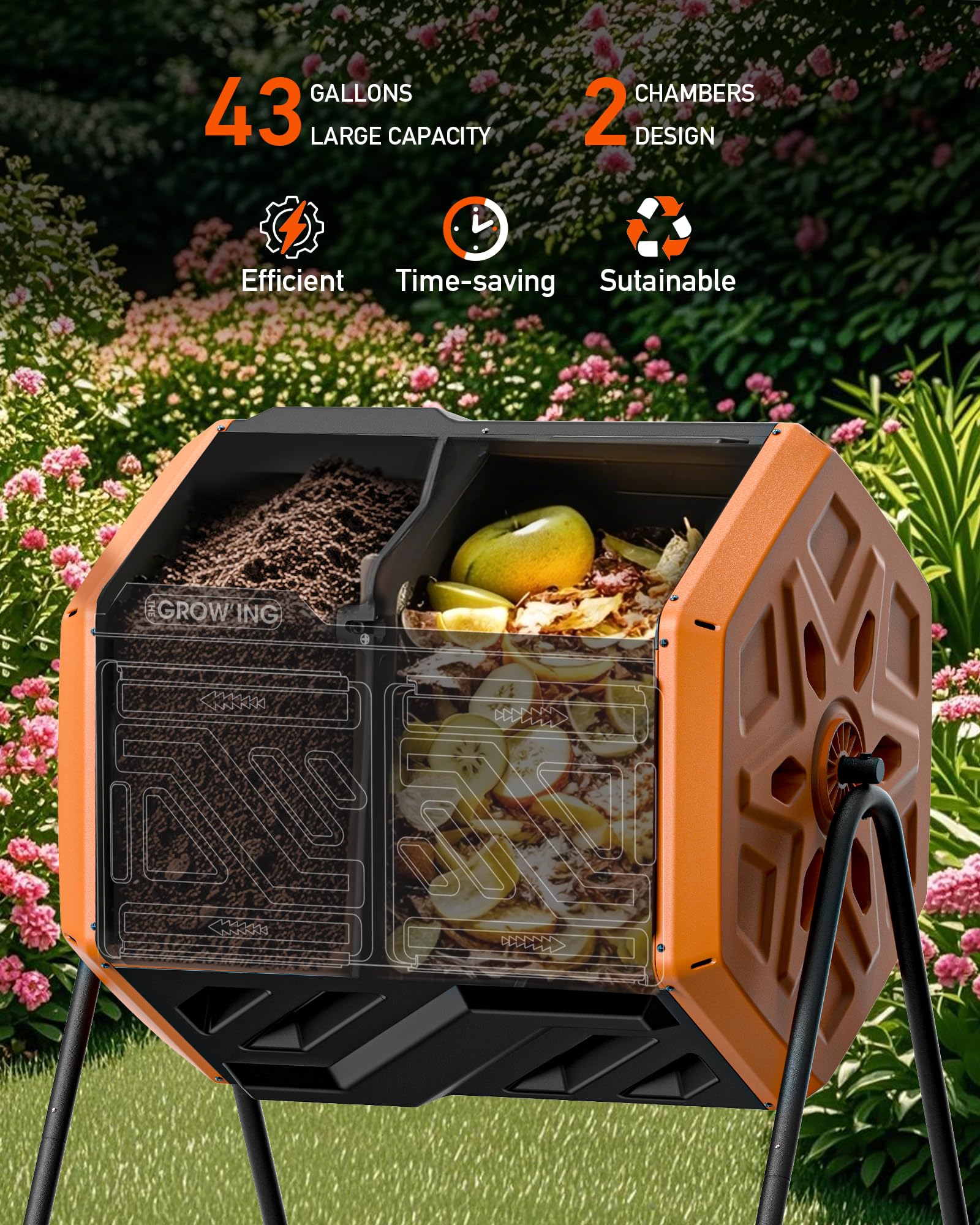 THE Growing 43 Gal Outdoor Compost Bin Tumbler for Backyard Yard